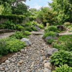 backyard landscaping with river rock dry creek bed, plants, and curved stone pathway.