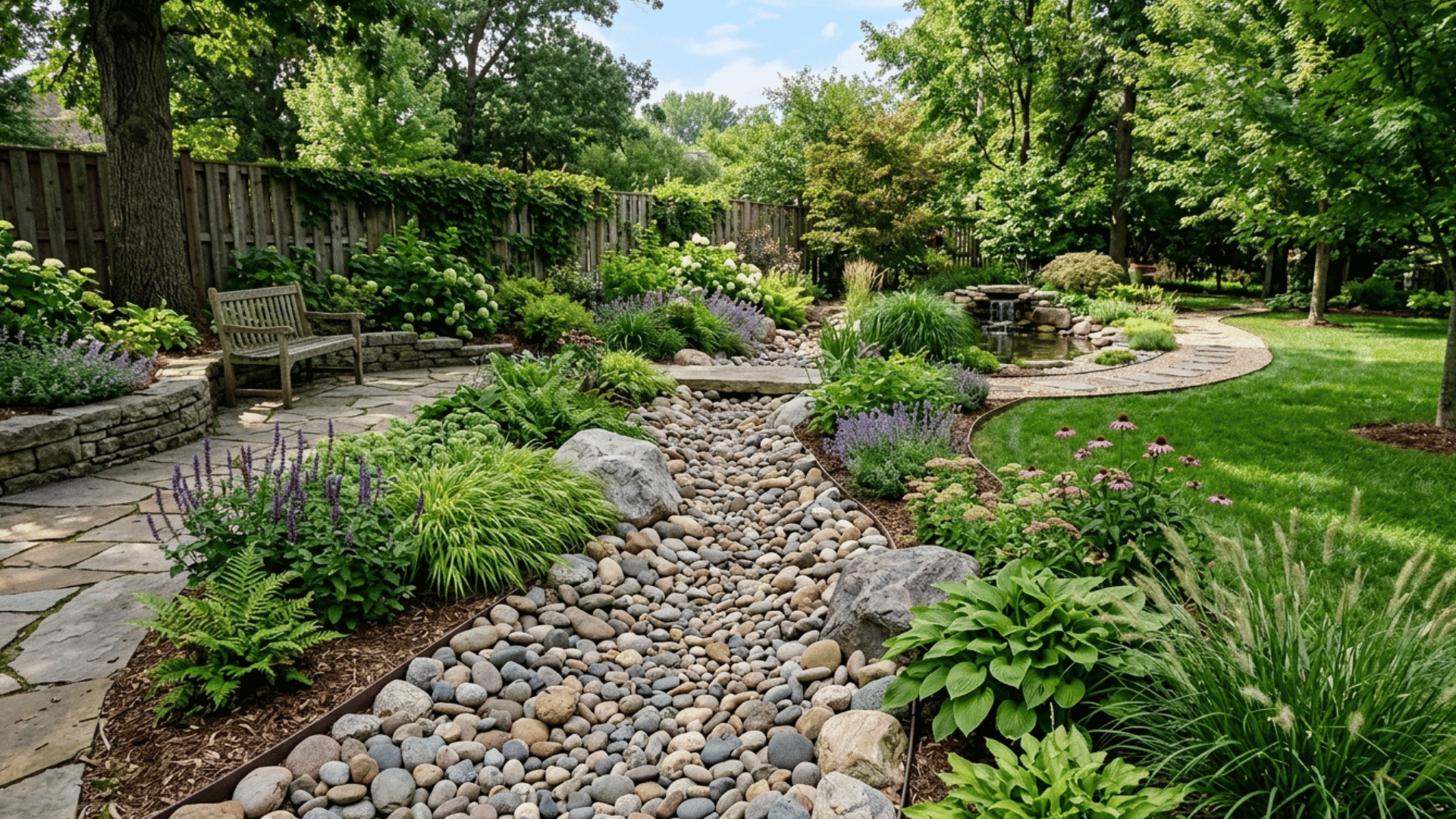 backyard landscaping with river rock dry creek bed, plants, and curved stone pathway.