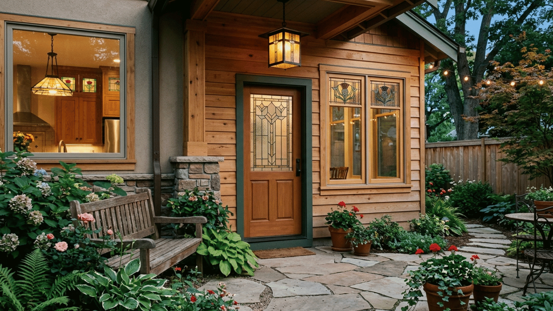 backyard patio with stained glass door, wood siding, garden plants, and cozy outdoor seating.