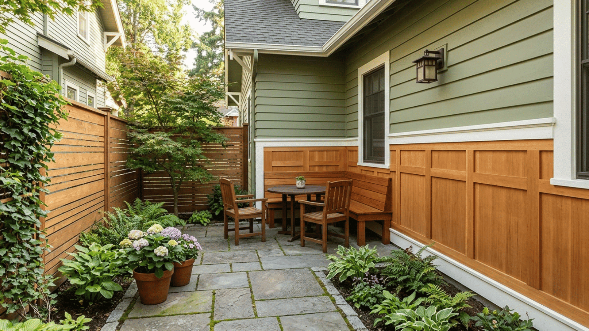 backyard patio with wood paneling, built-in bench seating, potted plants, and stone flooring.