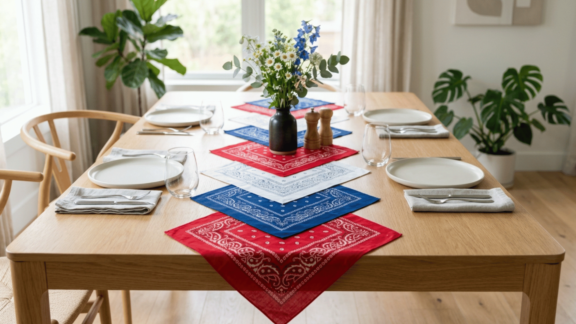 bandana table runner arranged on wooden table with simple patriotic theme and clean styling