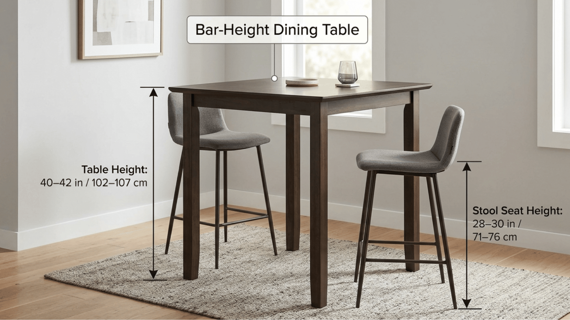 bar-height dining table with tall stools showing 40–42 inch table height and 28–30 inch stool height