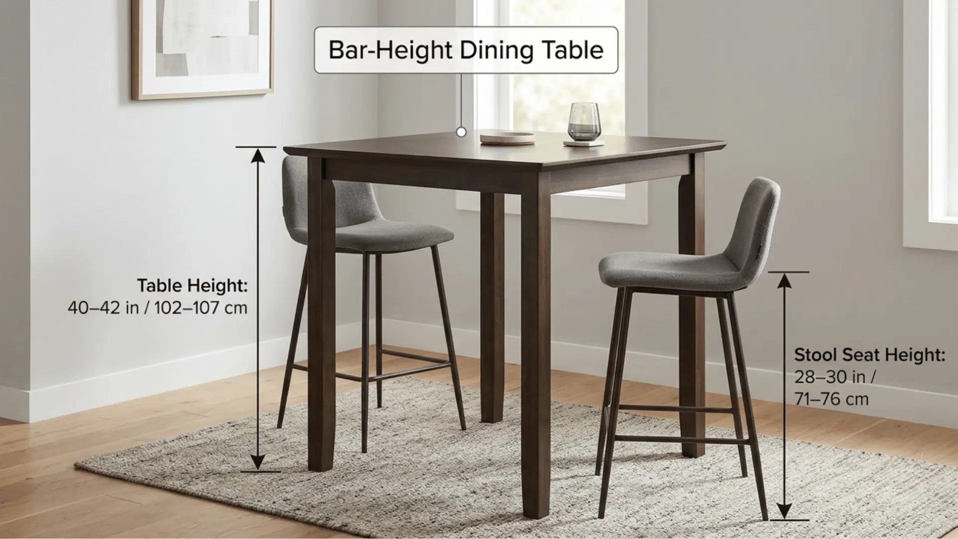 bar-height dining table with tall stools showing 40–42 inch table height and 28–30 inch stool height