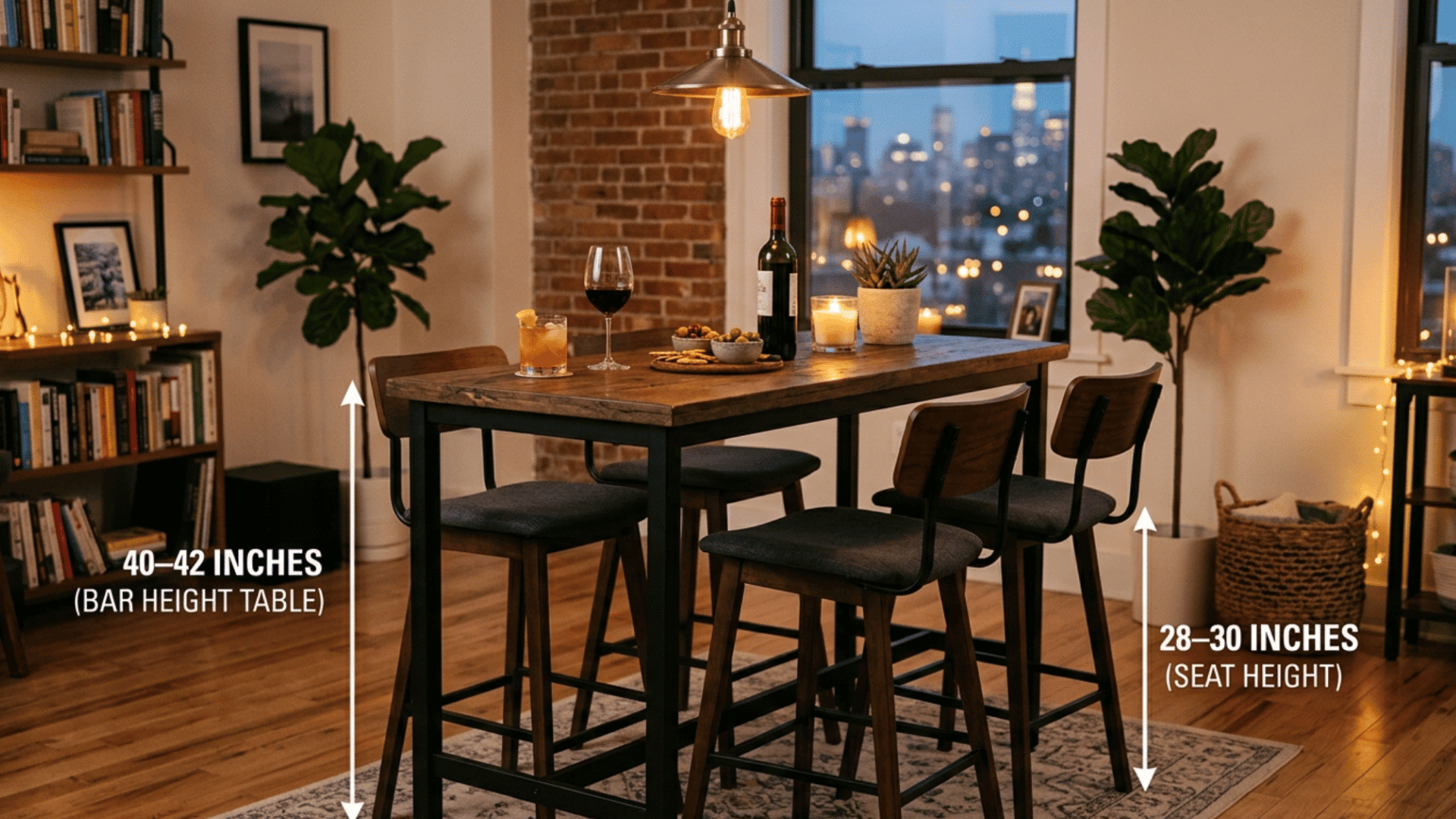 bar height table with black metal stools in a cozy brick wall restaurant style dining area
