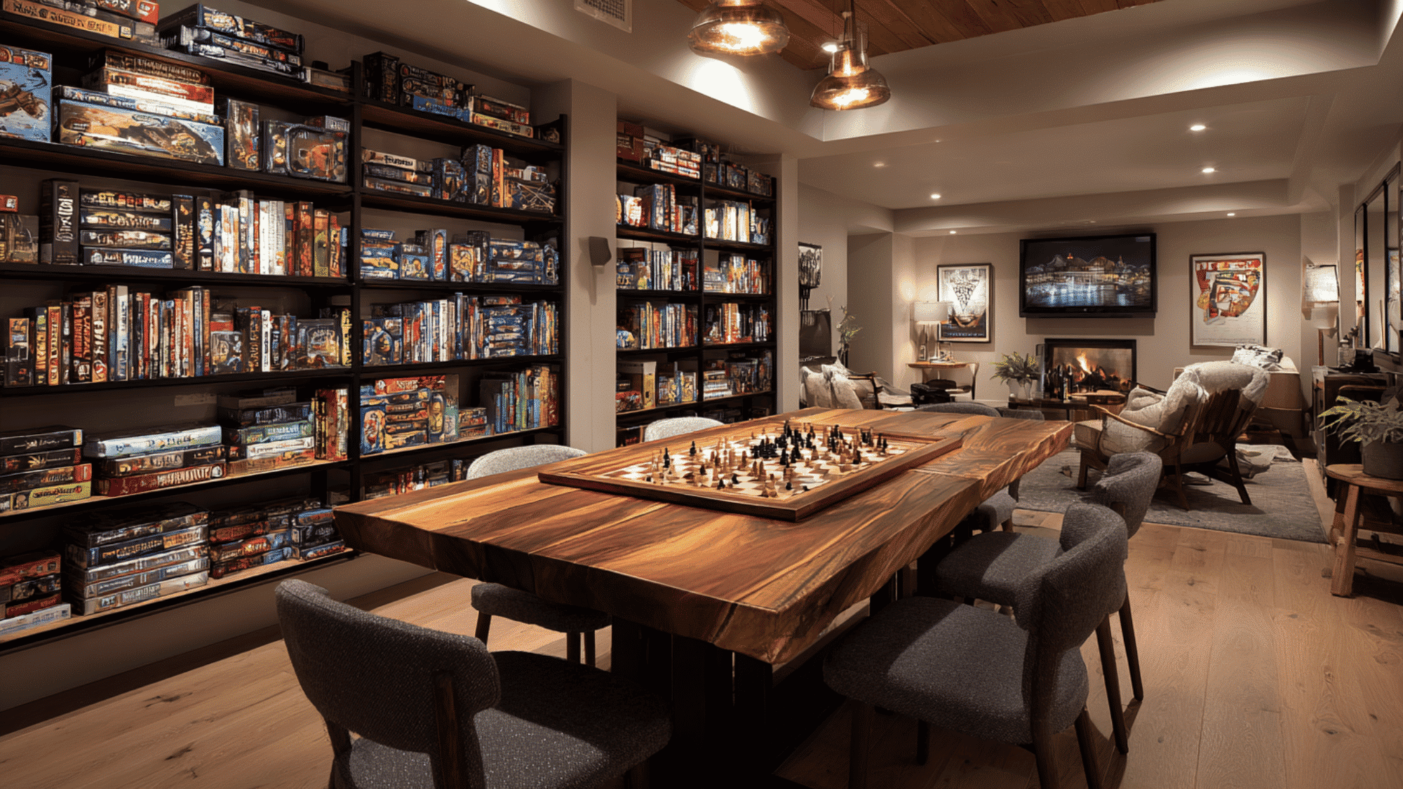 basement game room with board games, large table, shelves, and cozy family setup