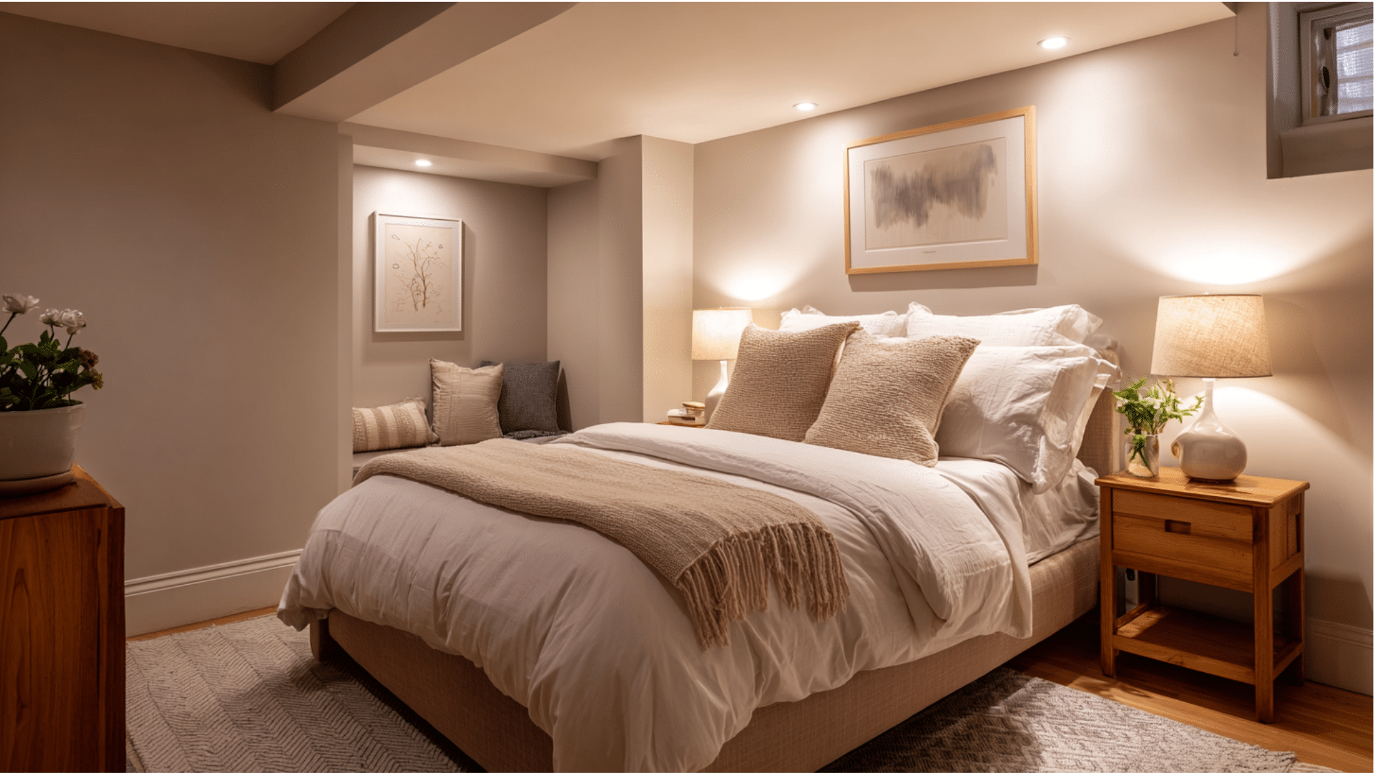 basement guest bedroom with cozy bed and modern decor