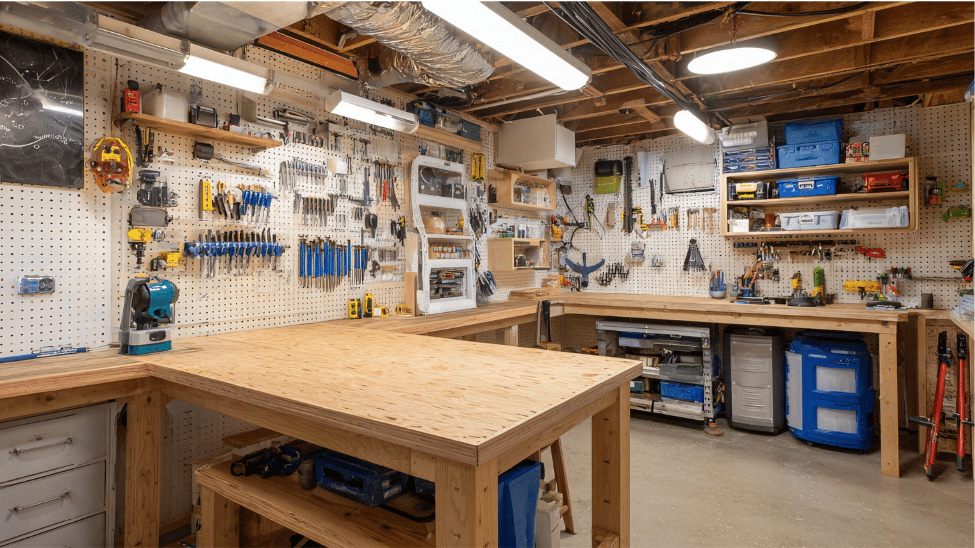 basement hobby workshop with workbench, pegboard tool wall, and bright task lighting