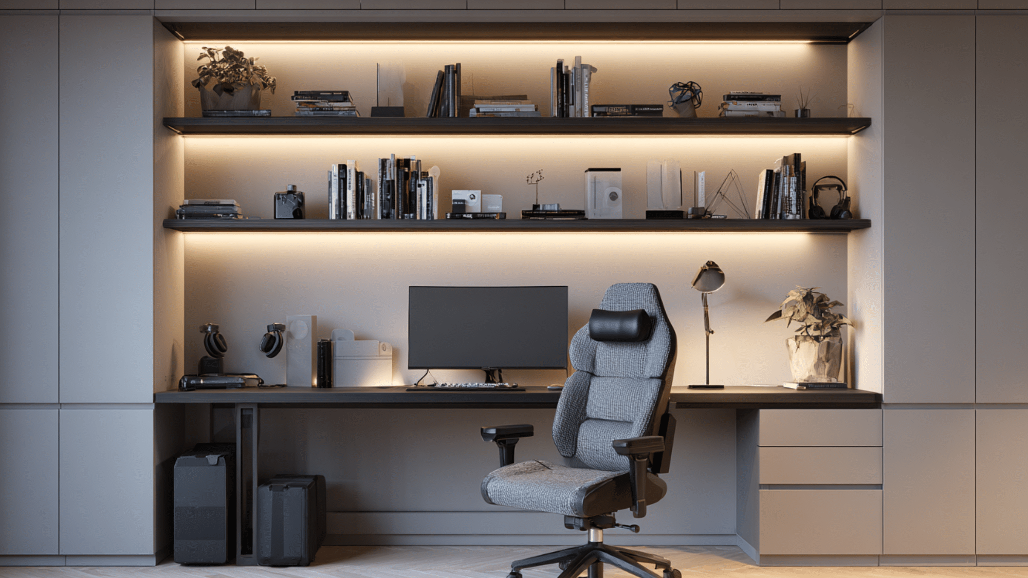 basement home office setup with desk, chair, and organized storage