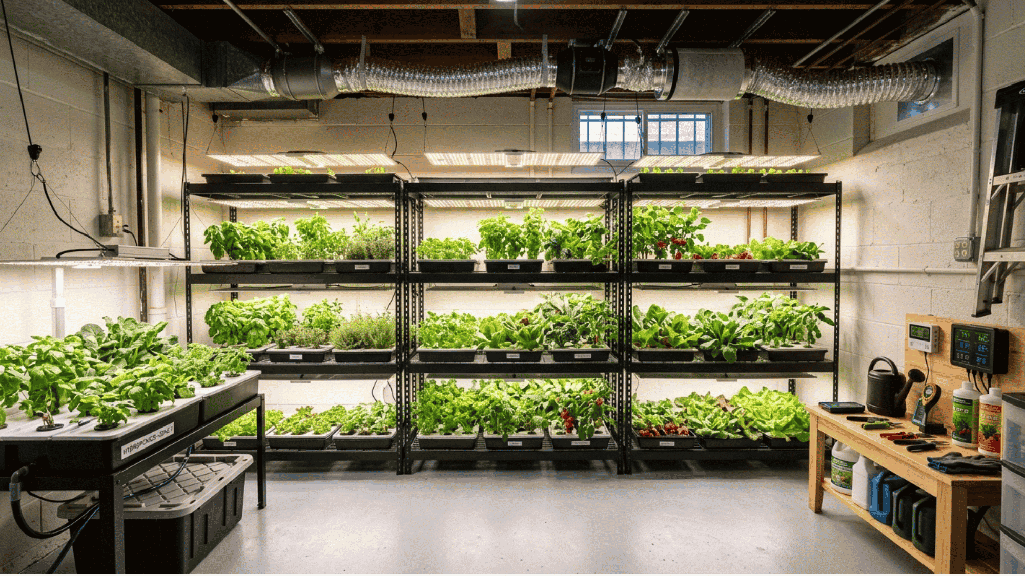 basement indoor garden with hydroponic systems, LED grow lights, tiered plant shelves, and fresh herbs and vegetables.