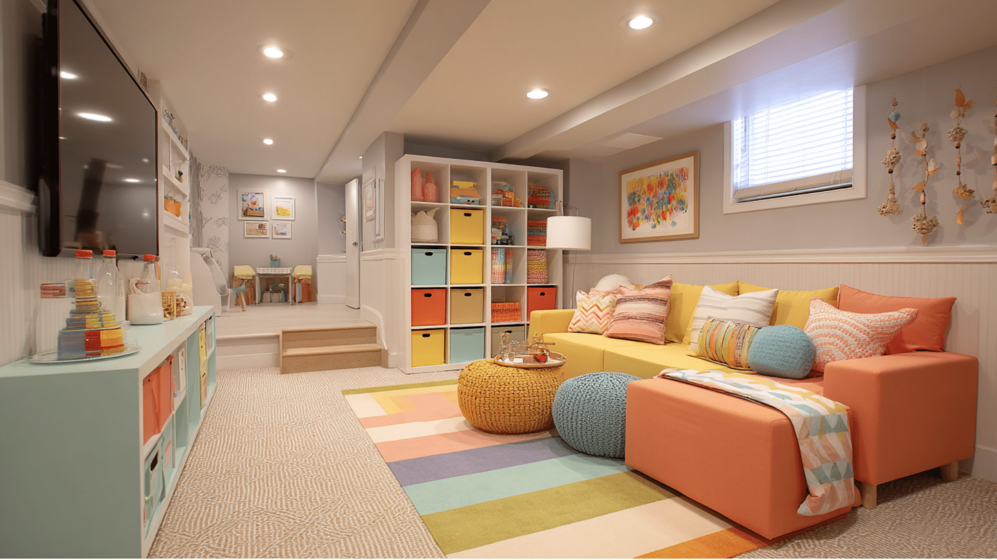 basement kids playroom with colorful decor and toy storage