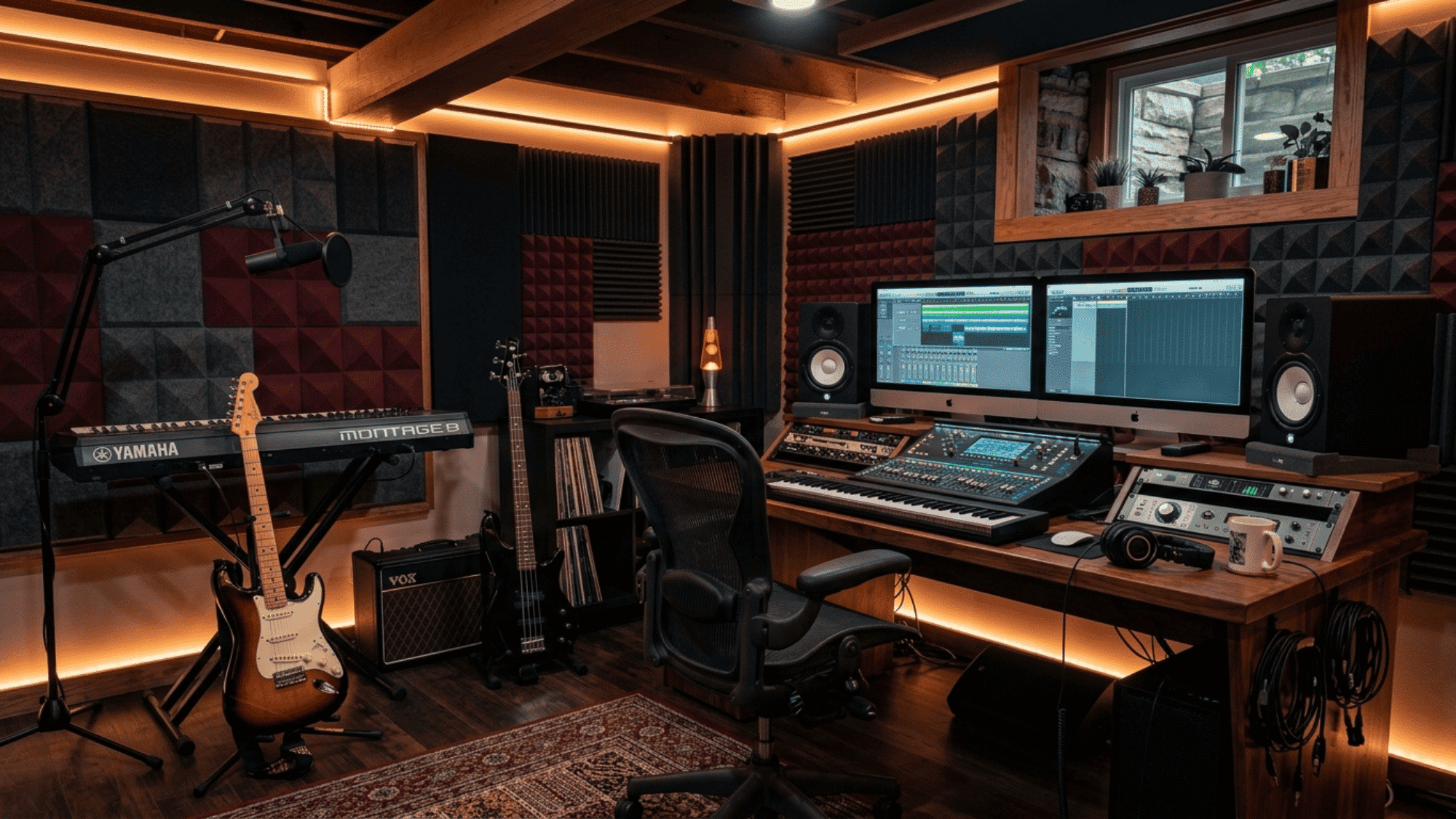 basement music studio with acoustic panels, instruments, and recording setup