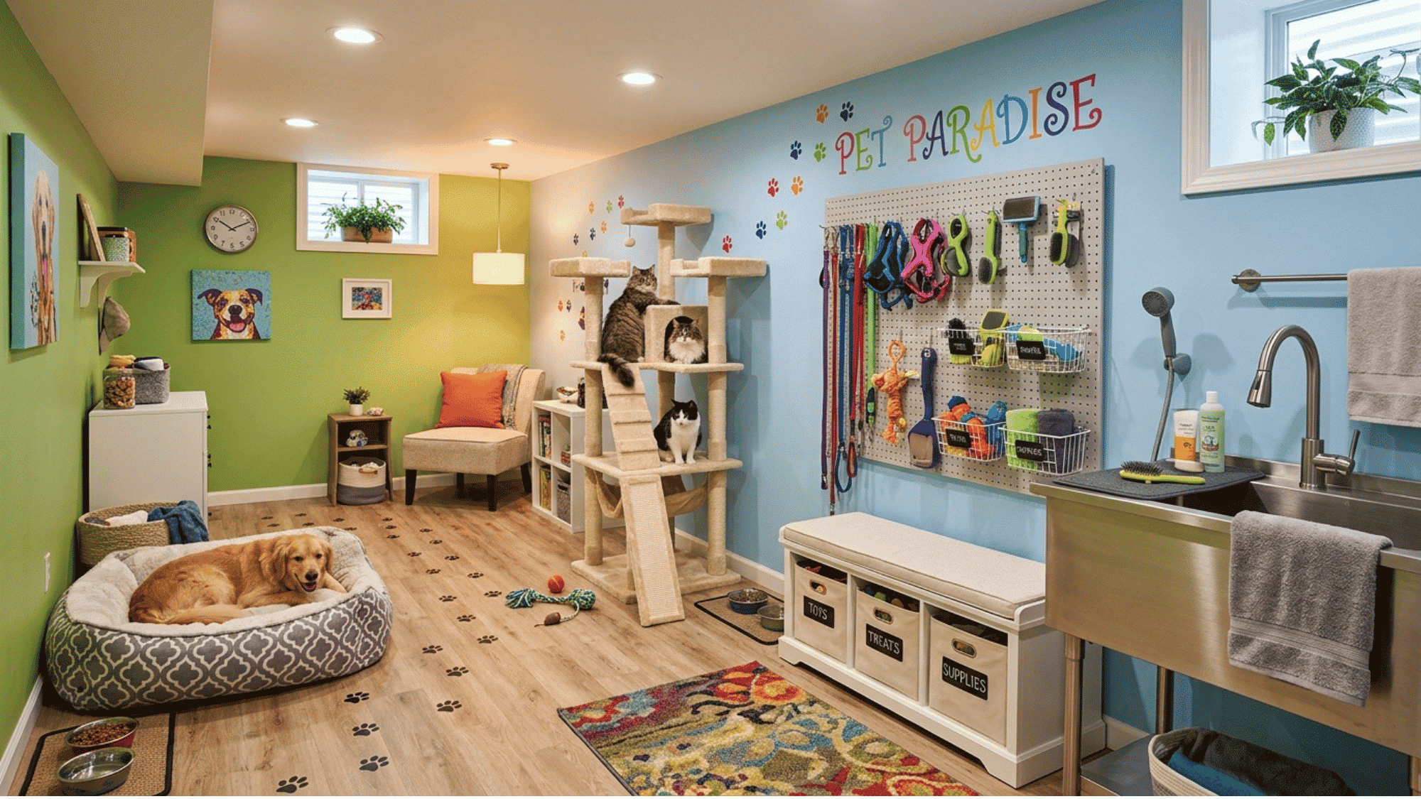 basement pet room with cozy beds, toy storage, climbing structures, and easy-clean flooring (1)