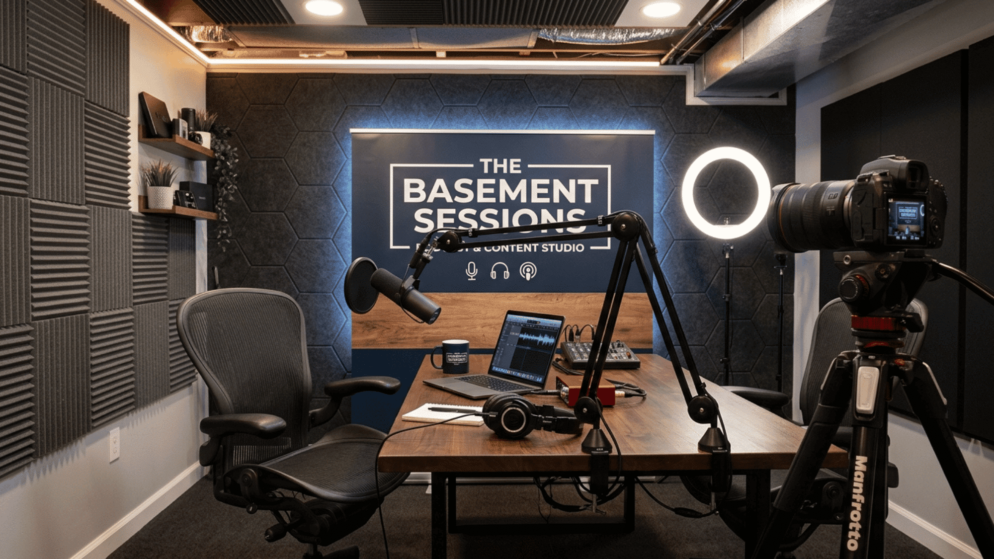 basement podcast and content creation studio with microphone, ring light, camera, and acoustic panels