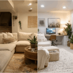 basement transformation from cluttered space to modern cozy living area with lighting decor and smart design