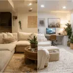 basement transformation from cluttered space to modern cozy living area with lighting decor and smart design