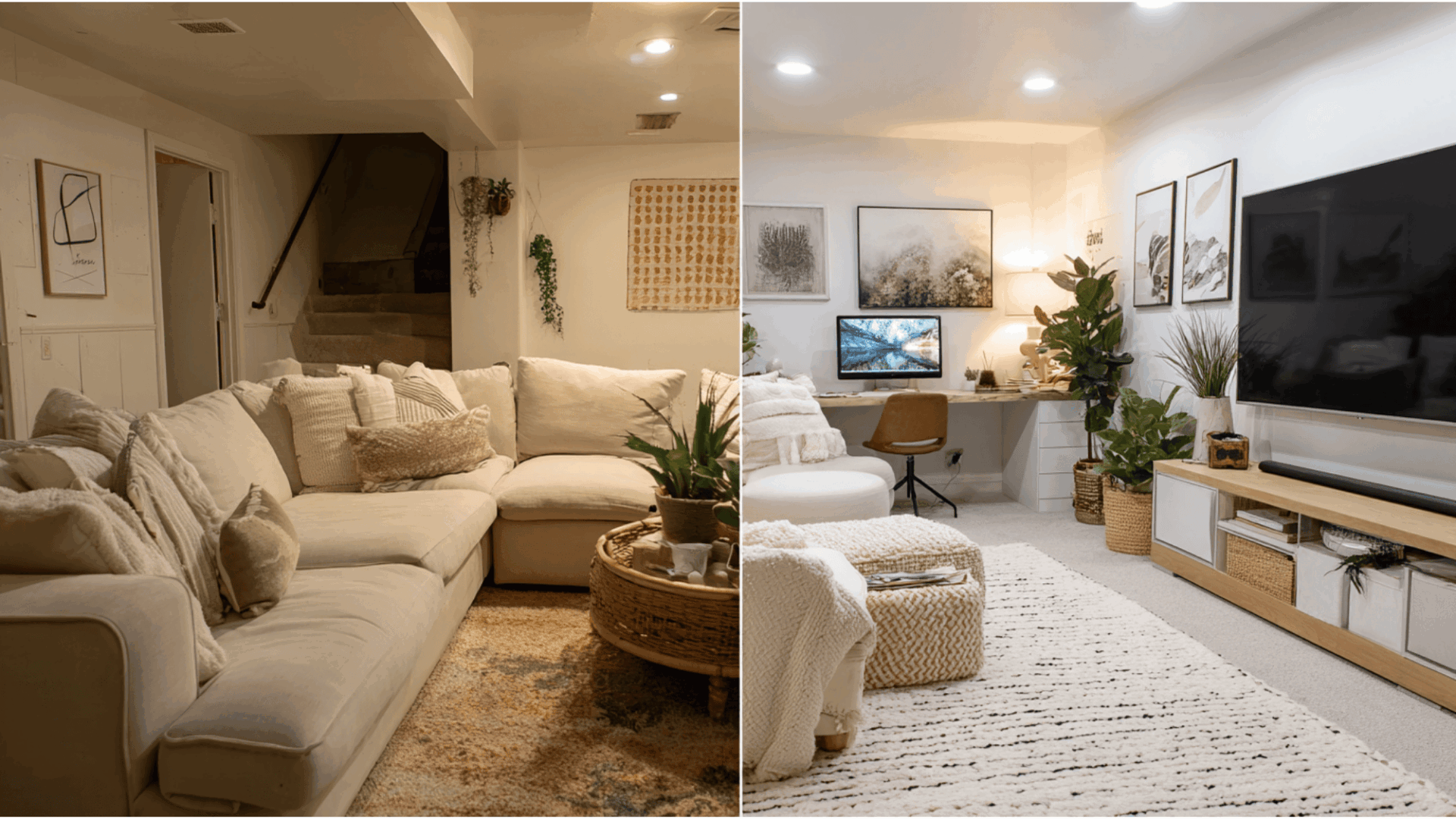 basement transformation from cluttered space to modern cozy living area with lighting decor and smart design