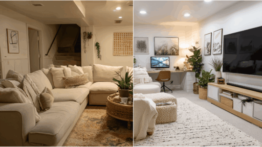 basement transformation from cluttered space to modern cozy living area with lighting decor and smart design