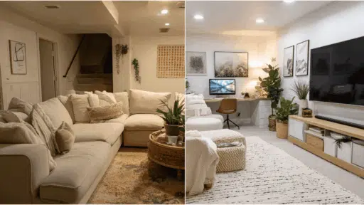 basement transformation from cluttered space to modern cozy living area with lighting decor and smart design
