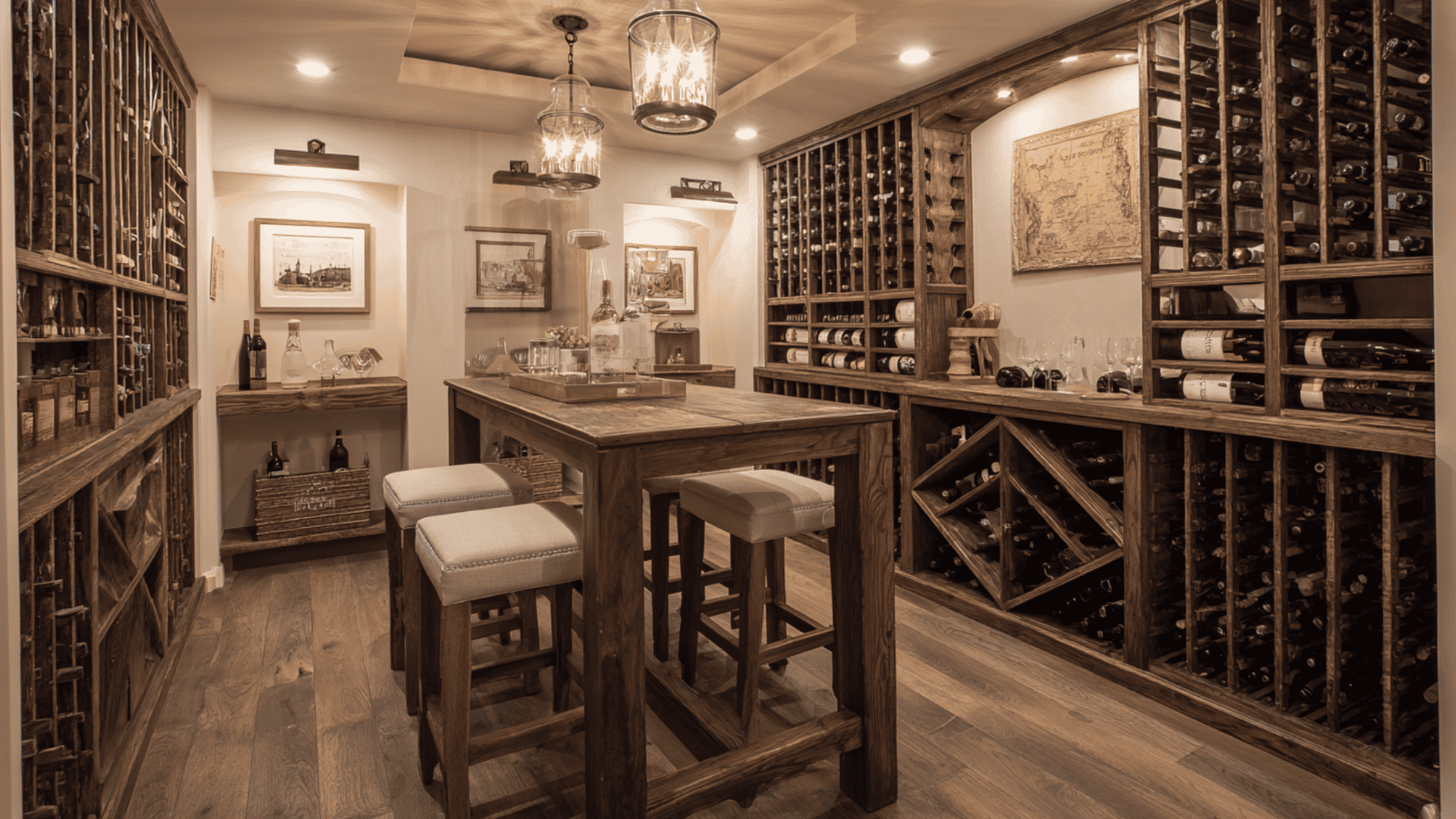 basement wine cellar with wooden racks, tasting table, and warm ambient lighting setup