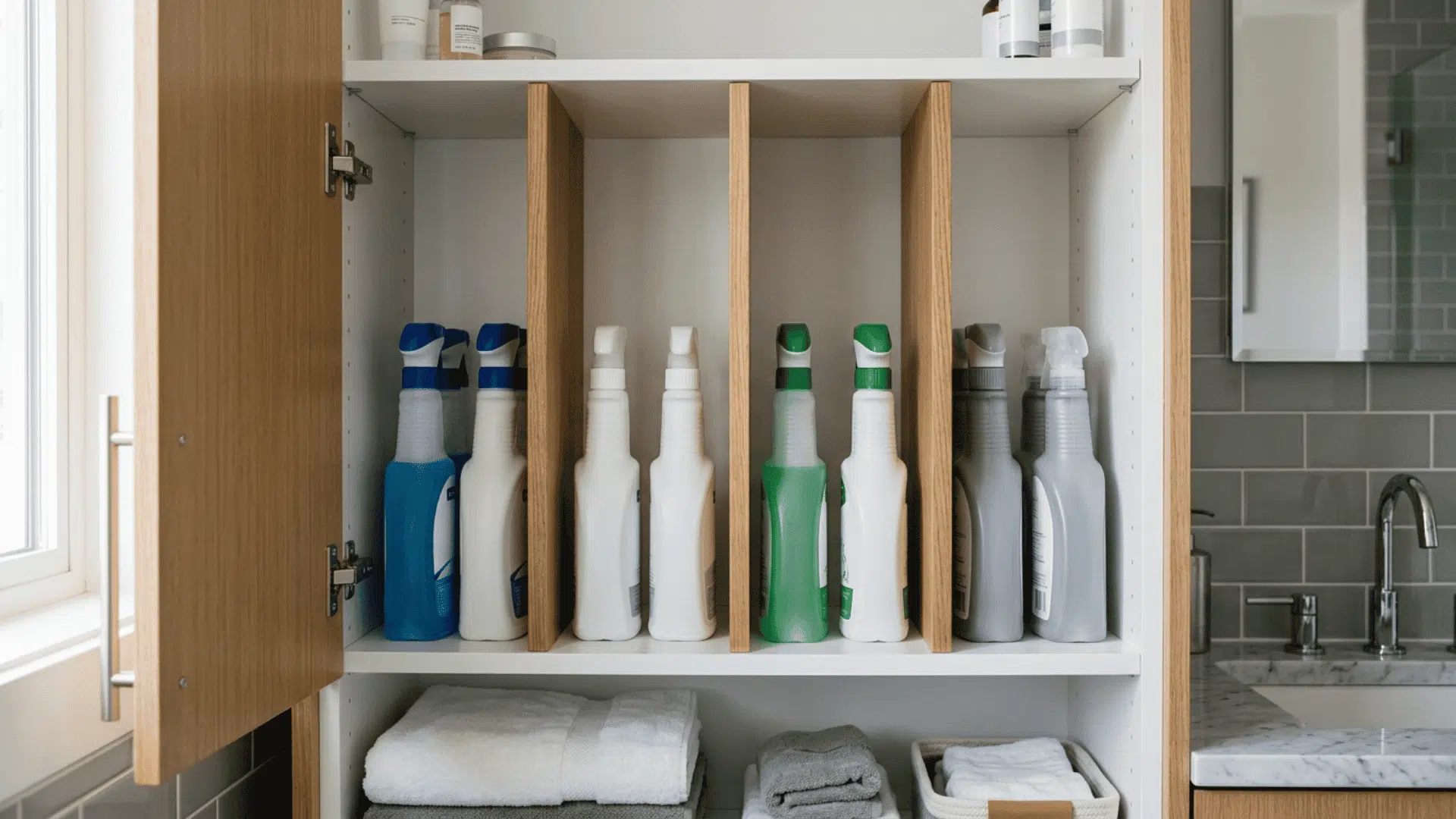 bathroom cabinet interior with vertical dividers neatly separating tall cleaning bottles arranged in an organized shelf layout