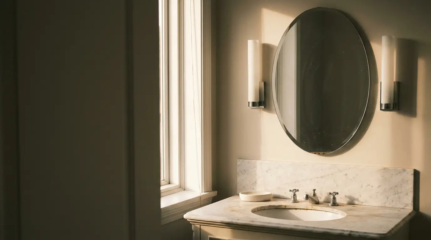 Oval mirror and marble sink in sunlight-filled bathroom with wall sconces
