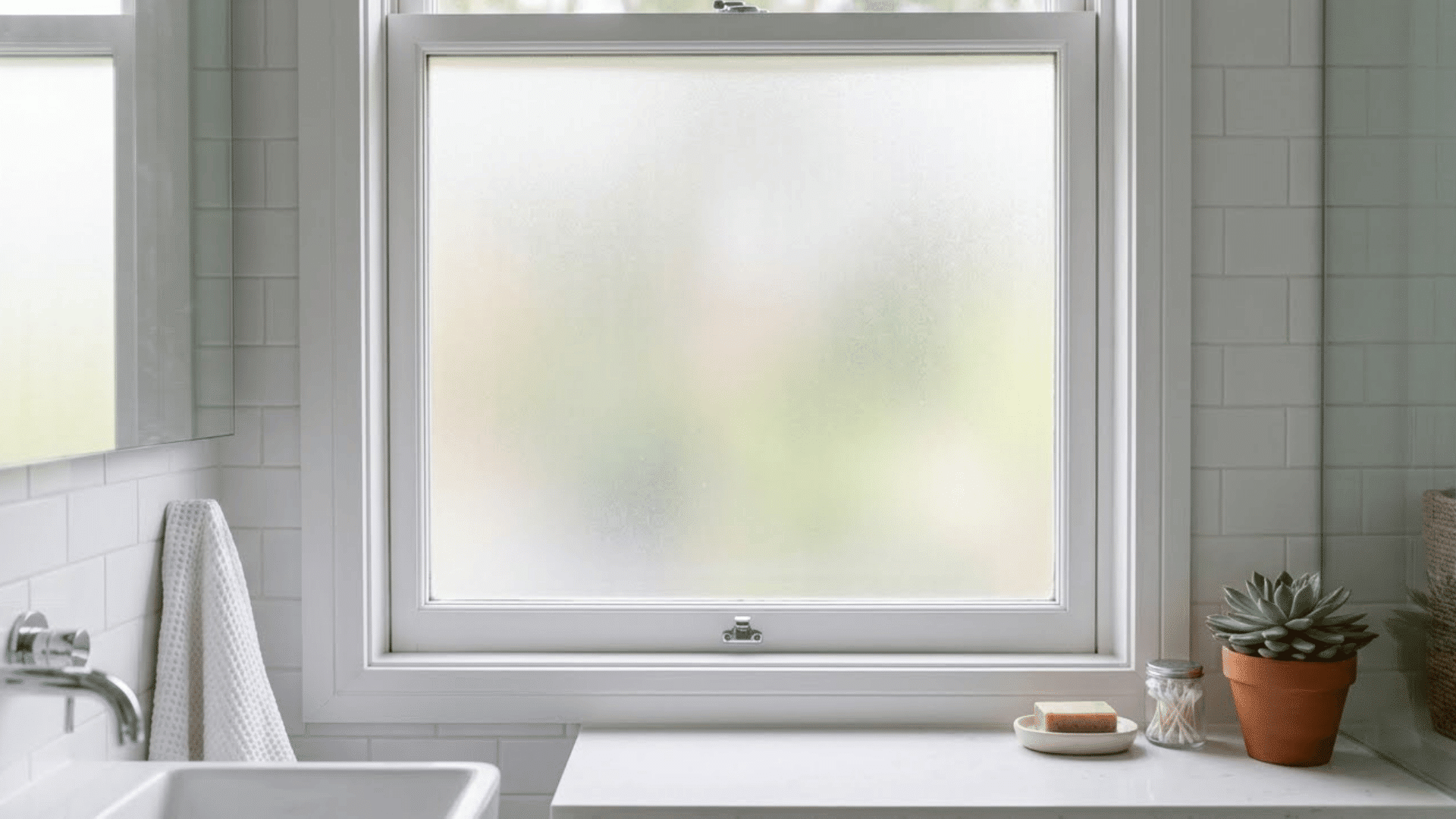 bathroom window covered in frosted film with soft diffused natural light passing through clean trimmed edges