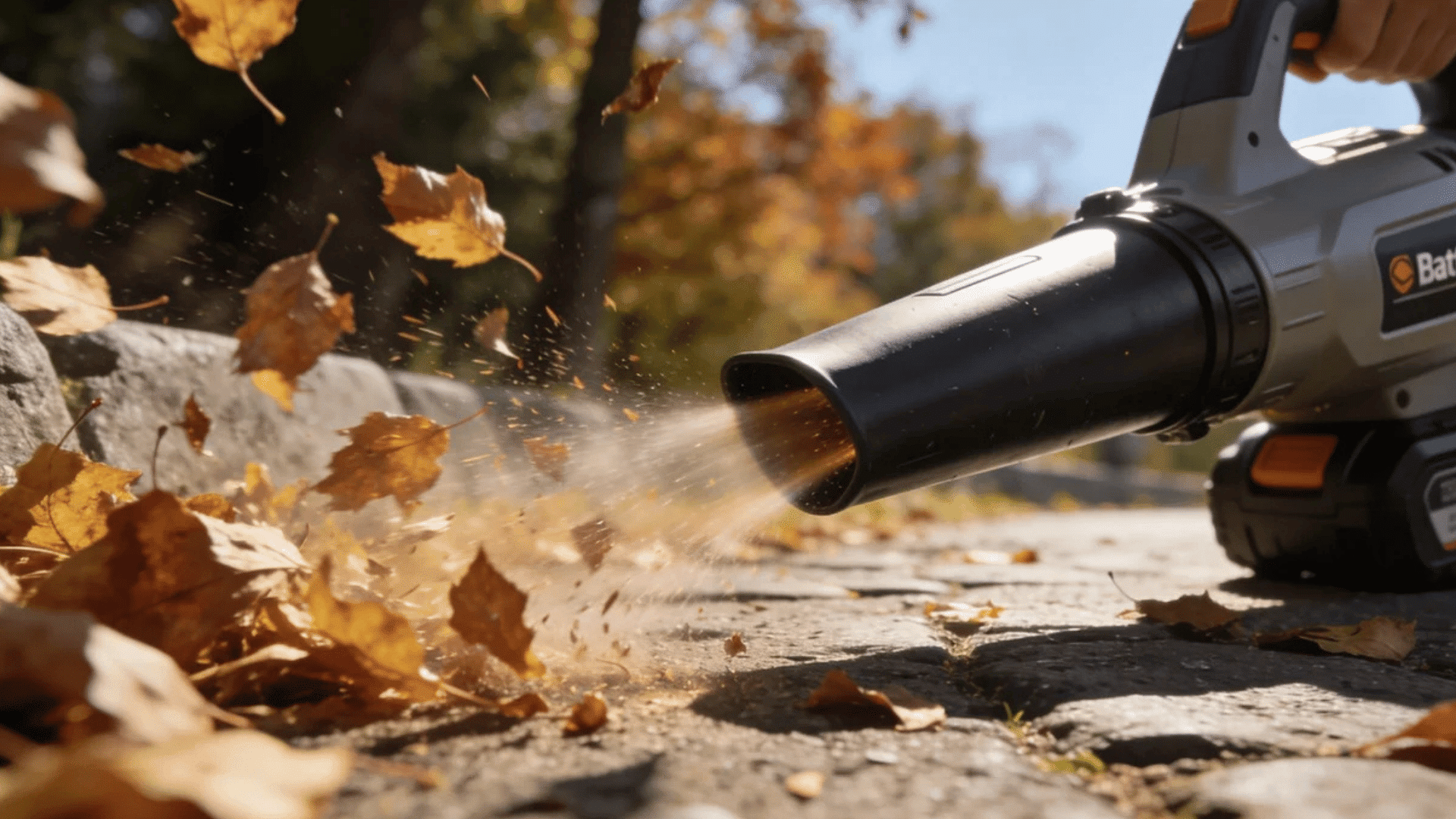 battery powered leaf blower clearing dry autumn leaves from a stone walkway