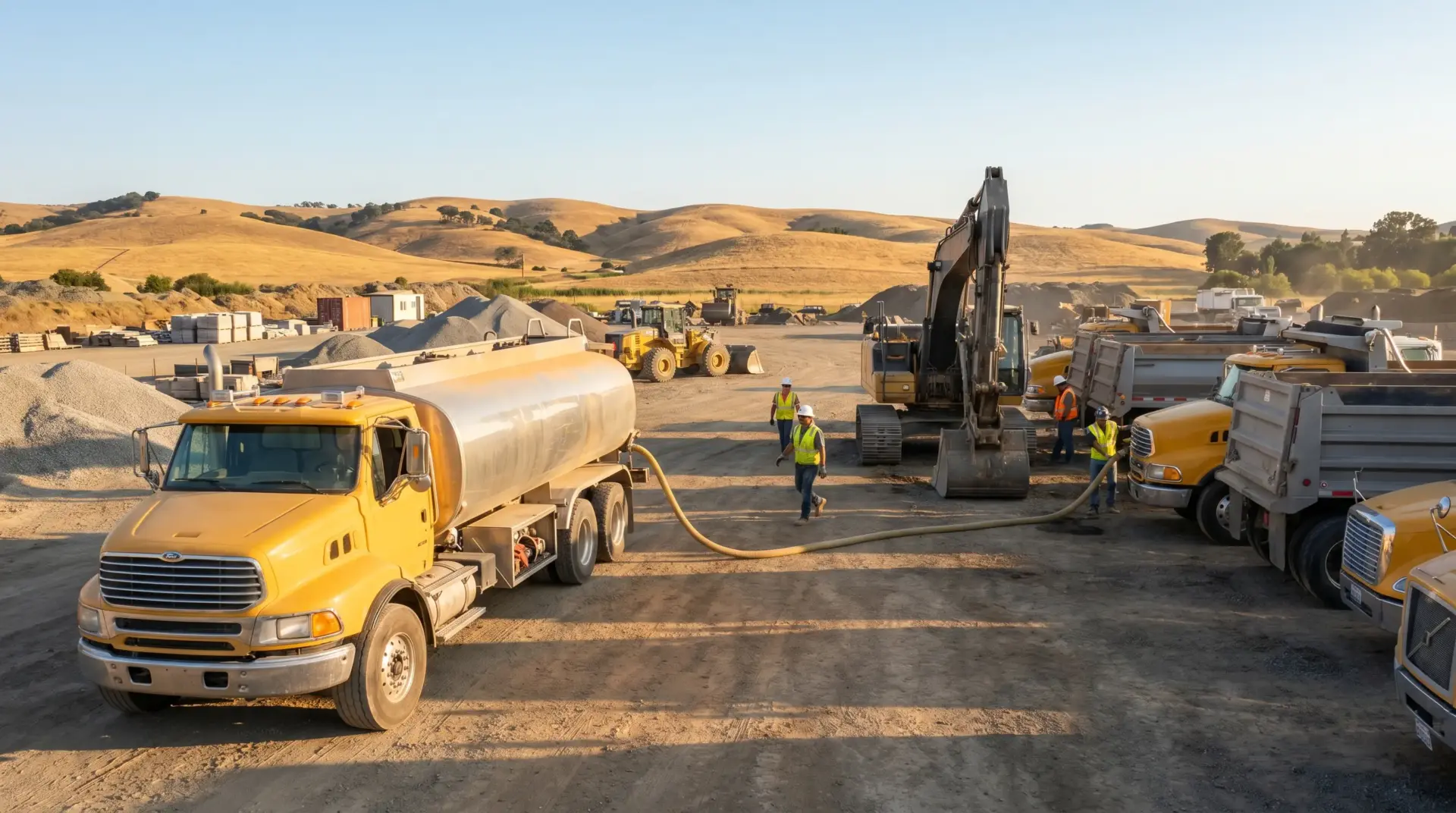 Construction site with yellow trucks and excavator in hilly landscape under clear blue sky