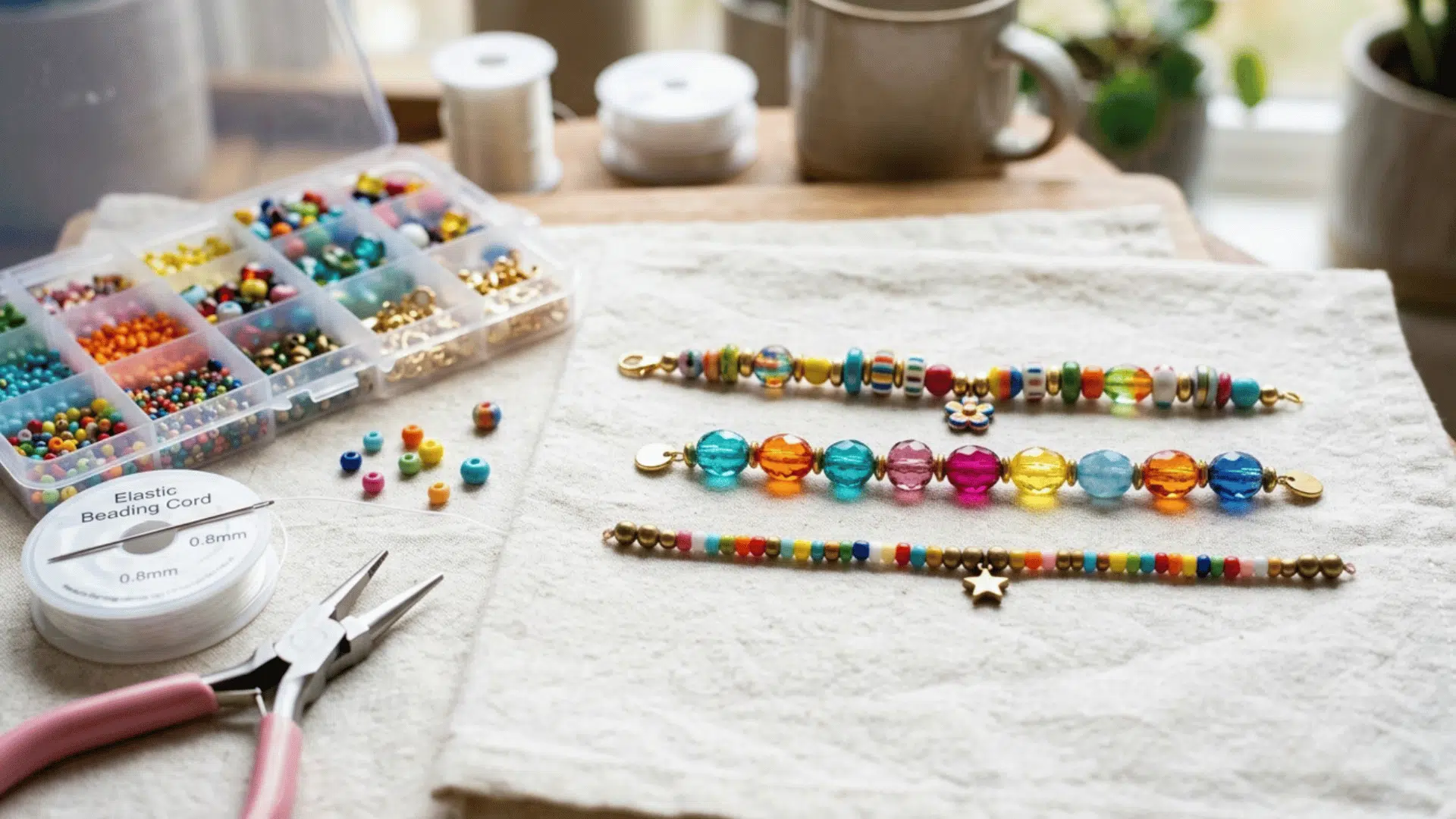 beaded bracelets arranged neatly showing colorful patterns and handmade jewelry style