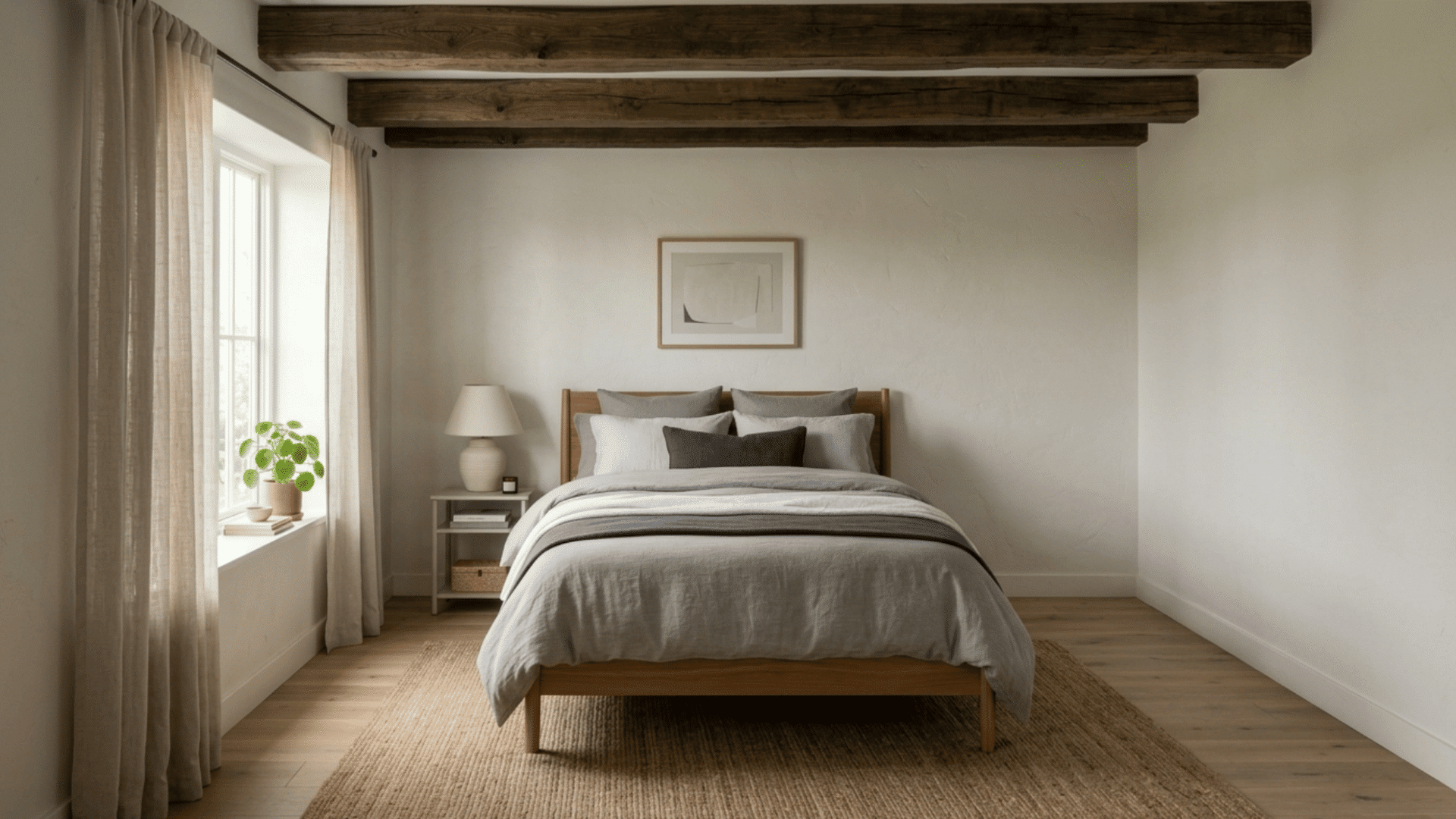 bed placed under exposed wooden ceiling beams in a calm minimal bedroom with neutral tones soft light and simple decor