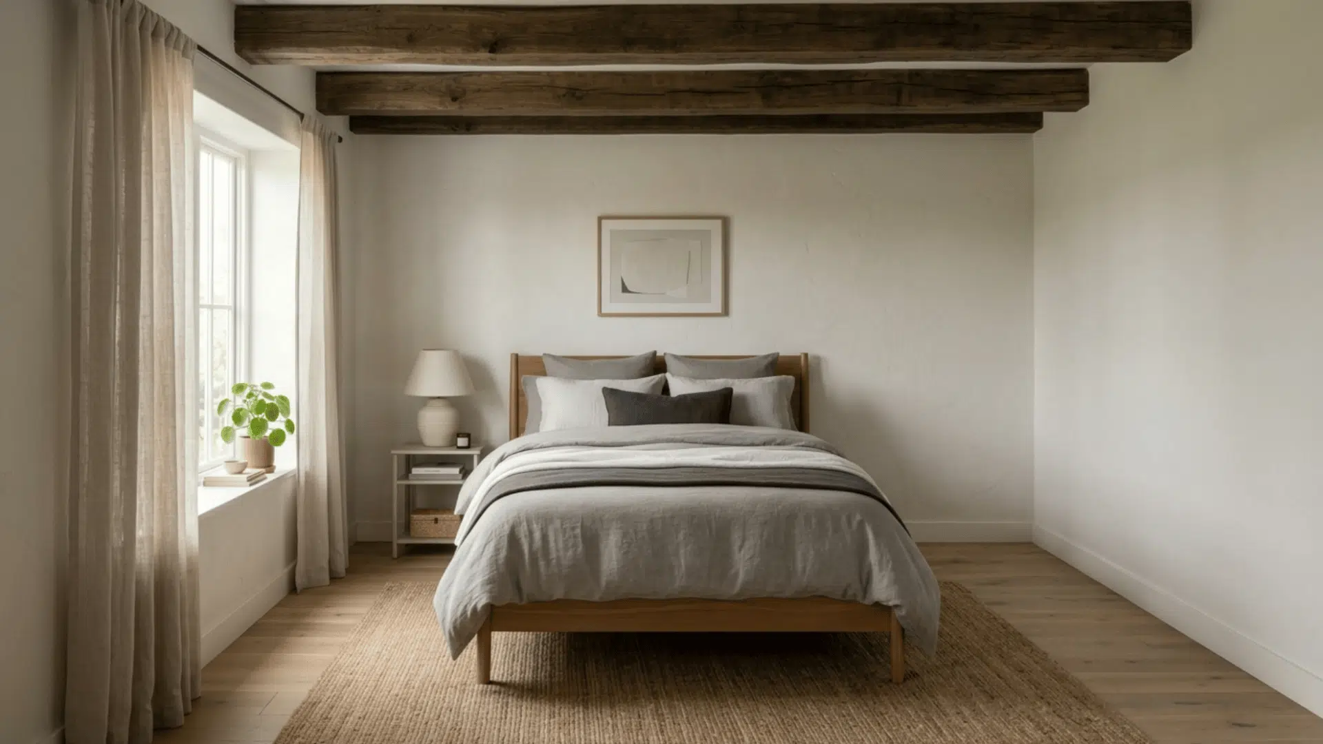 bed placed under exposed wooden ceiling beams in a calm minimal bedroom with neutral tones soft light and simple decor