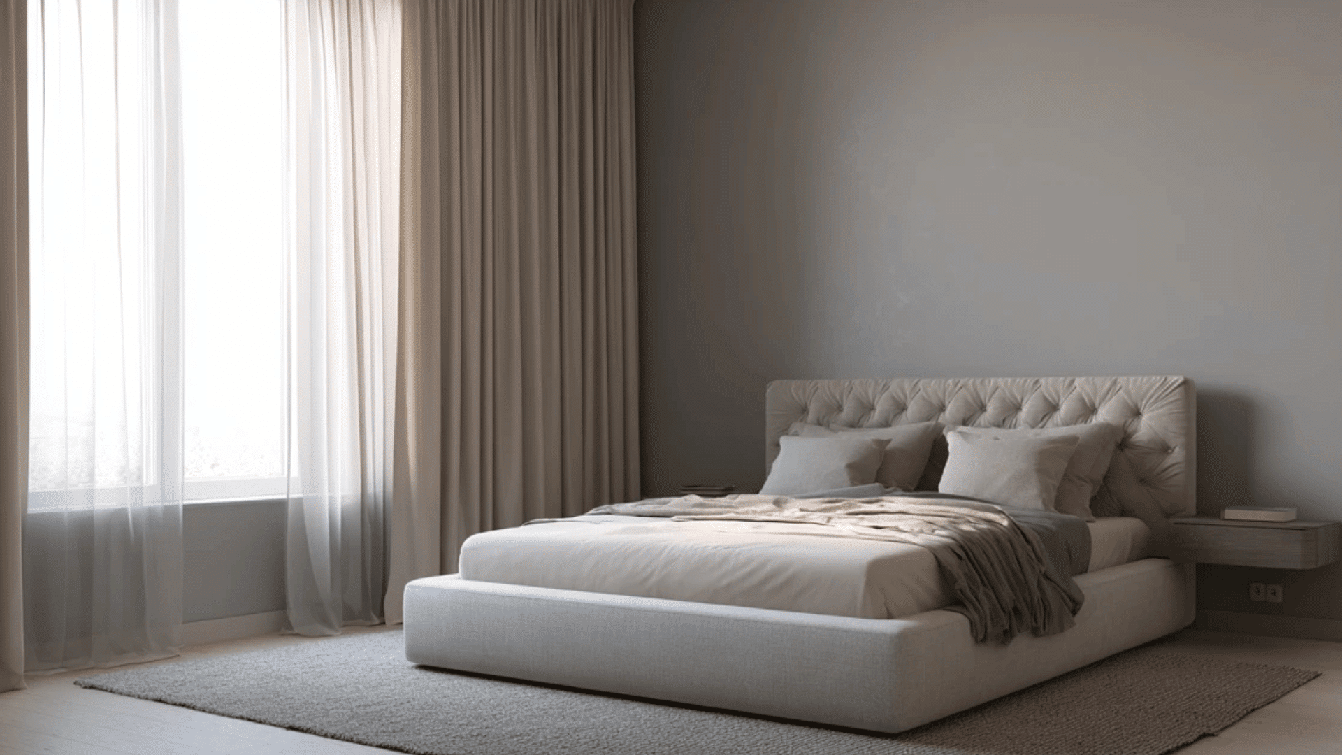Bed with a solid headboard placed firmly against a wall, creating a stable and supportive bedroom setup