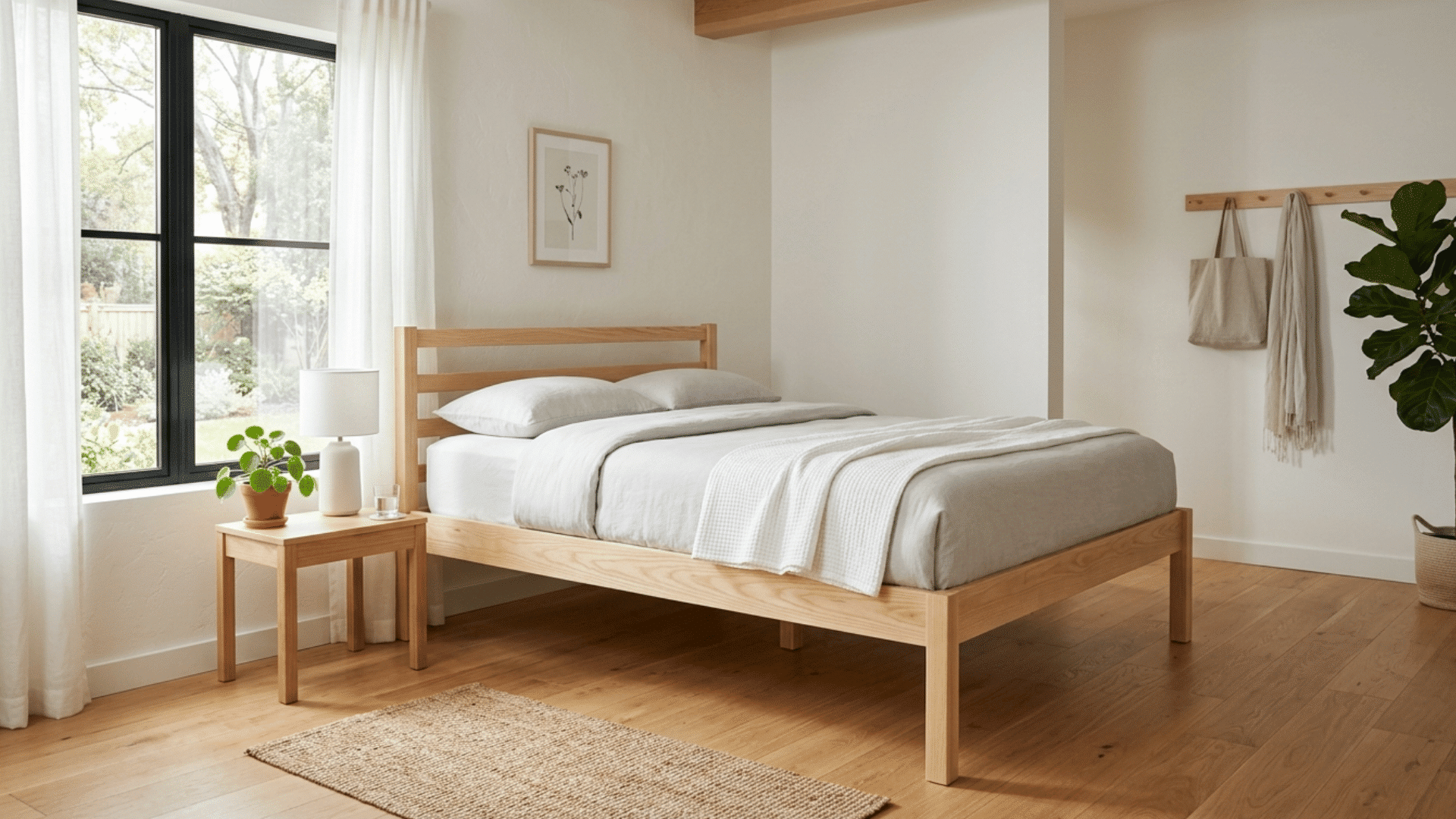 Bed with clean, clutter-free space underneath, promoting open and airy bedroom layout