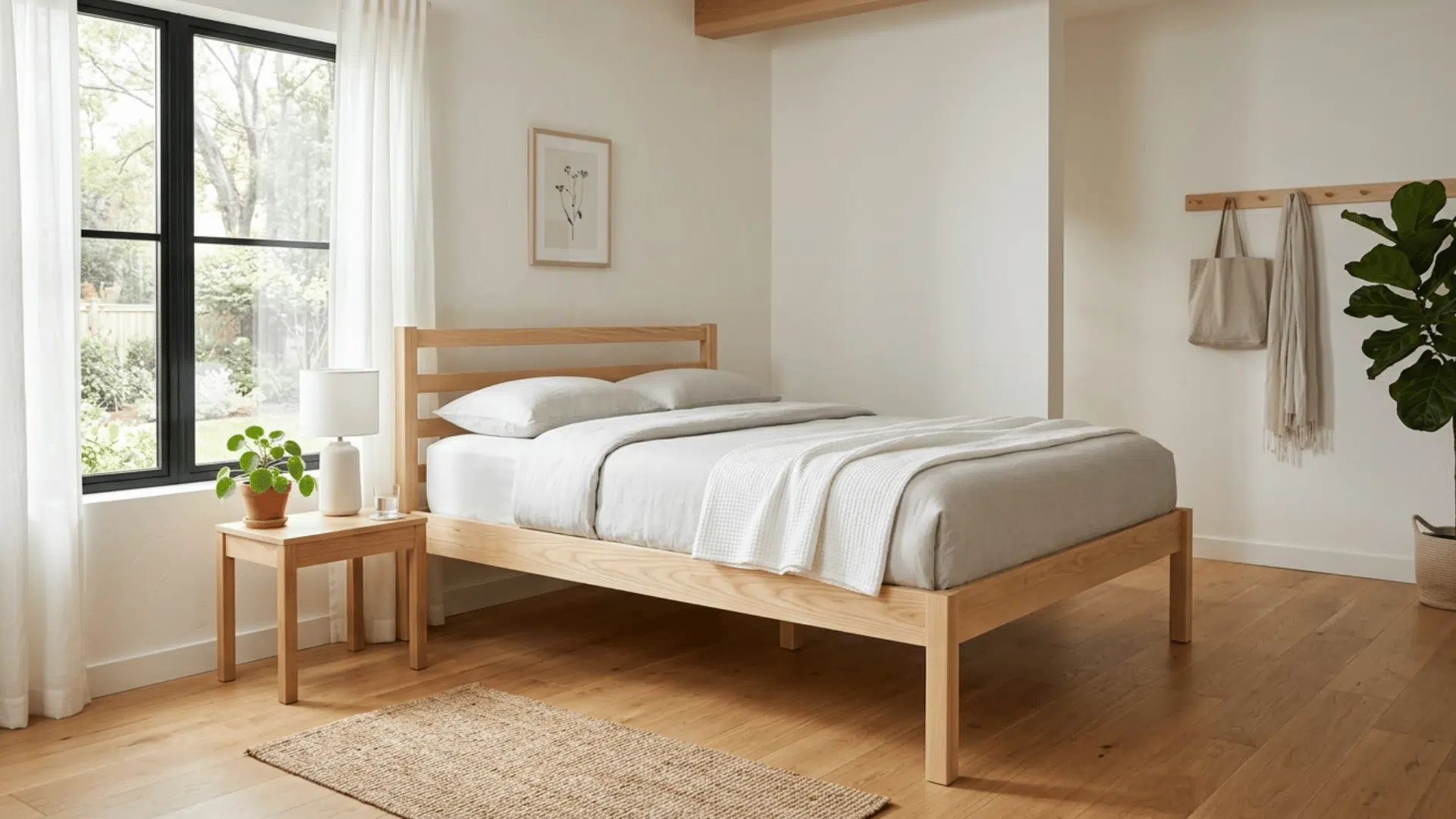 Bed with clean, clutter-free space underneath, promoting open and airy bedroom layout