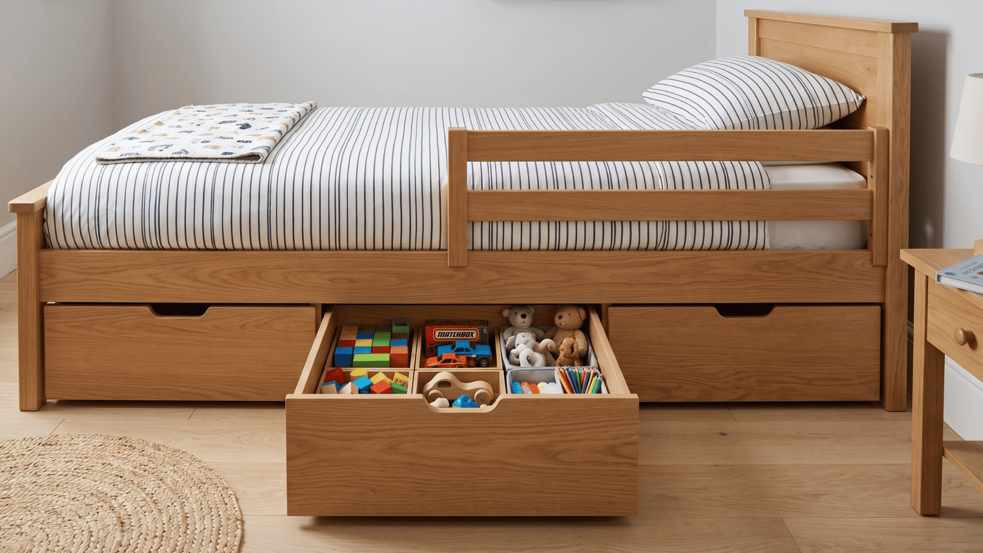 bed with pull out drawers slightly open toys inside clean bedding uncluttered room soft natural light