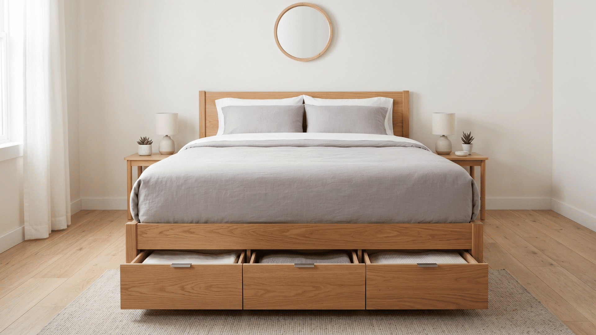 bed with pull-out storage drawers underneath in a simple bedroom