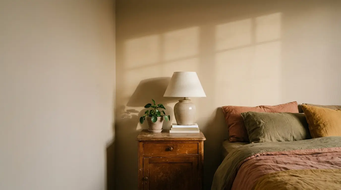 Rustic wooden nightstand with lamp and potted plant beside earthy-toned bed linens