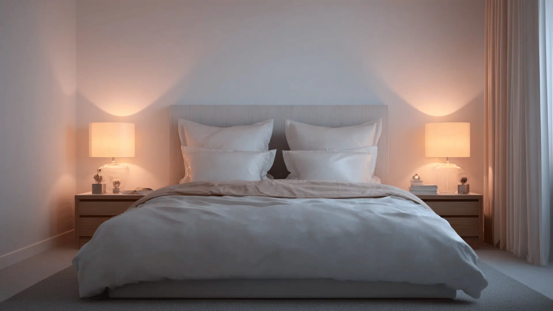 Bedroom with bed centered and equal space on both sides, featuring matching nightstands and balanced layout
