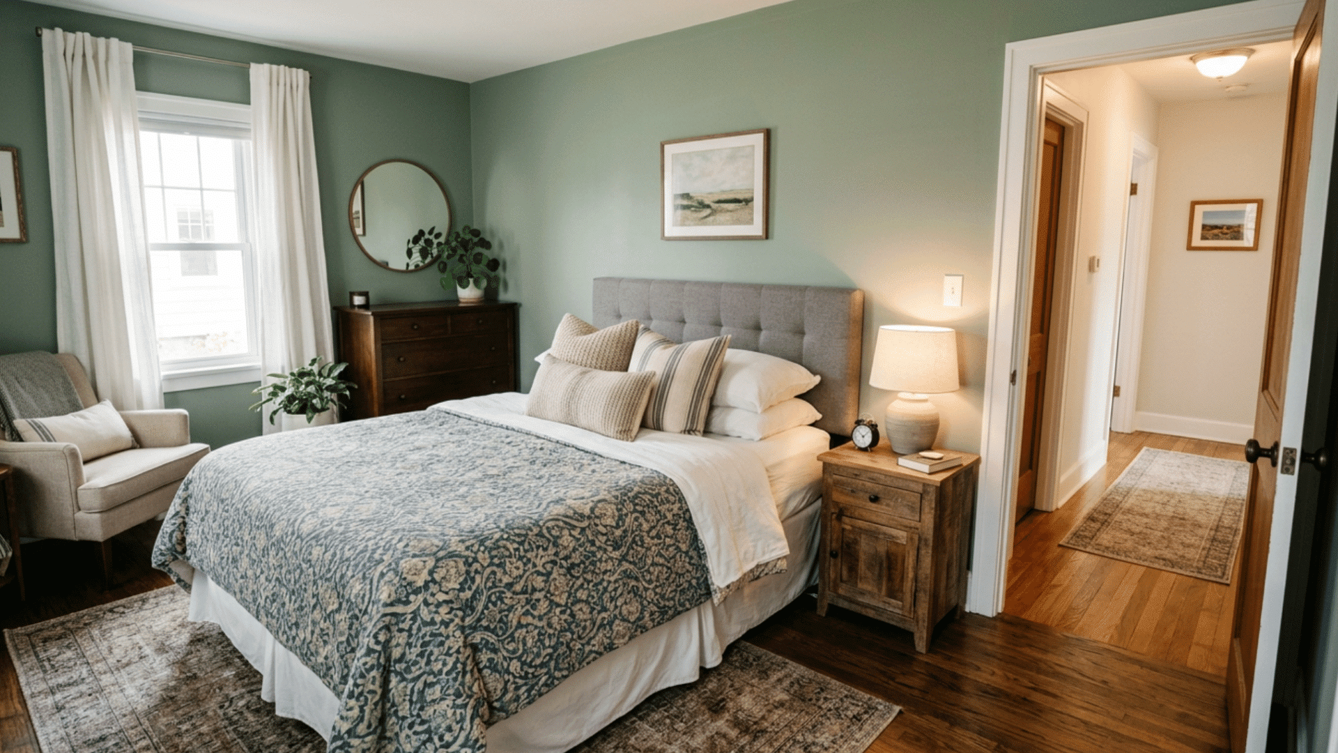 Bedroom with bed placed diagonally across from the door, not directly aligned, showing clear view of entrance