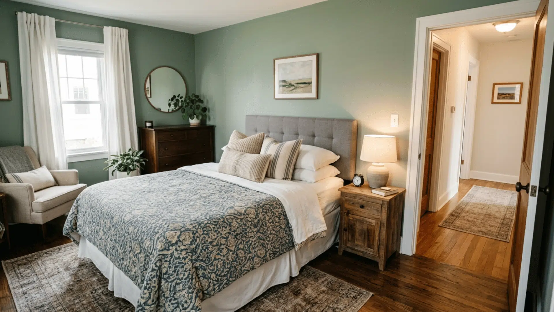 Bedroom with bed placed diagonally across from the door, not directly aligned, showing clear view of entrance