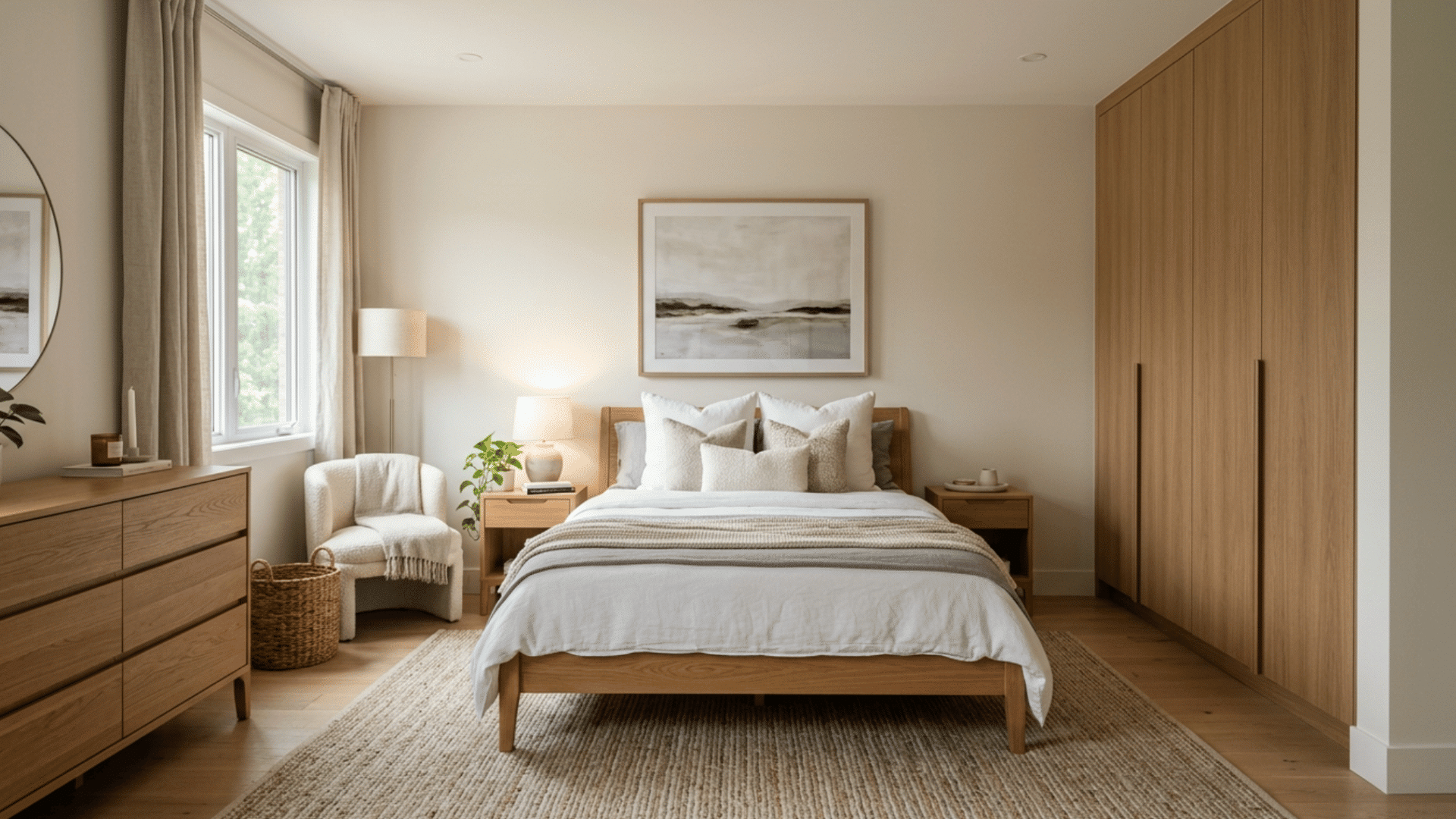 Bedroom with dresser placed to the side instead of facing the bed, maintaining a balanced and open layout