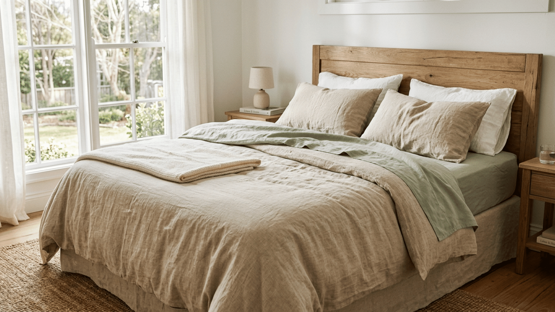 bedroom with linen bedsheets and pillows on a wooden bed, showing a soft, natural look in bright daylight.