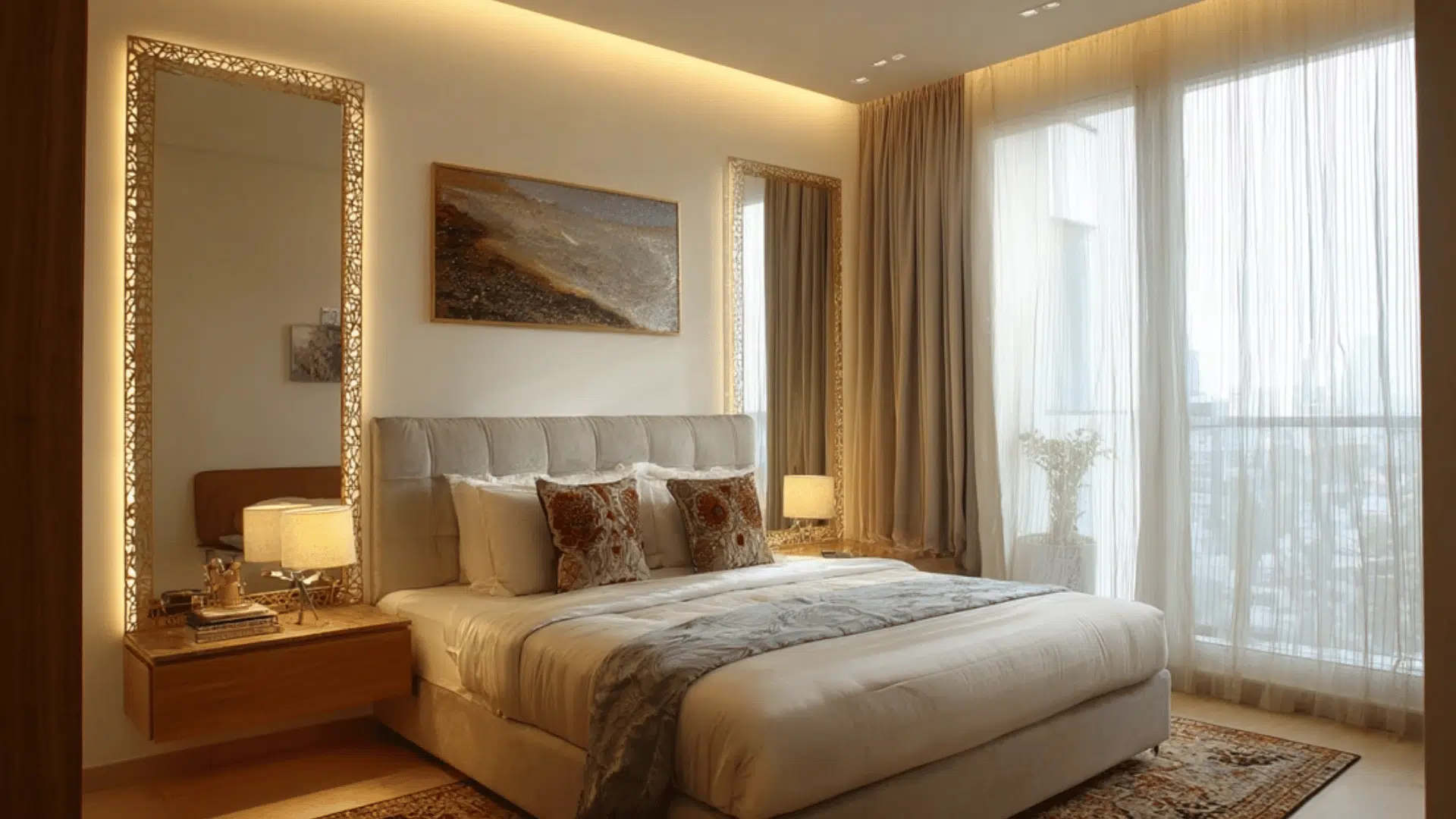 Bedroom with mirror placed away from the bed, avoiding direct reflection for a peaceful sleeping space