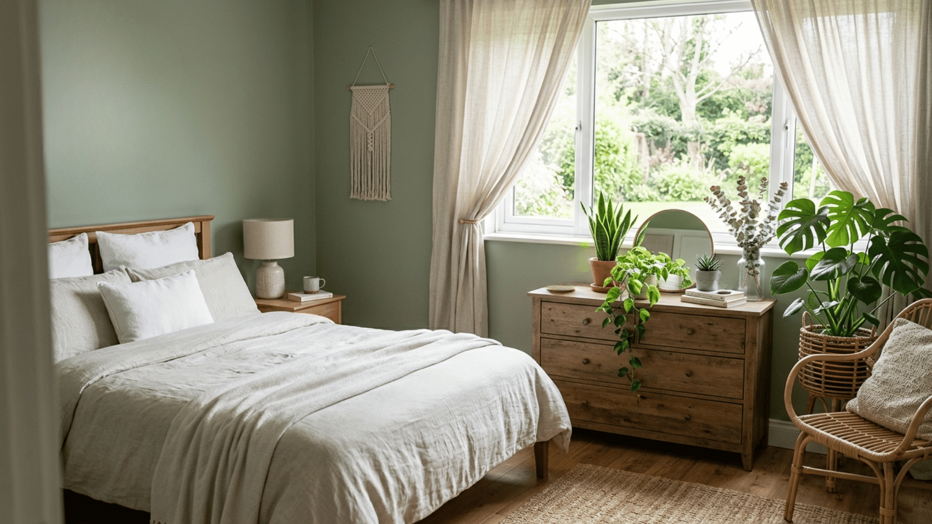 Bedroom with small indoor plants placed in corners and away from the bed, creating a calm and natural feel