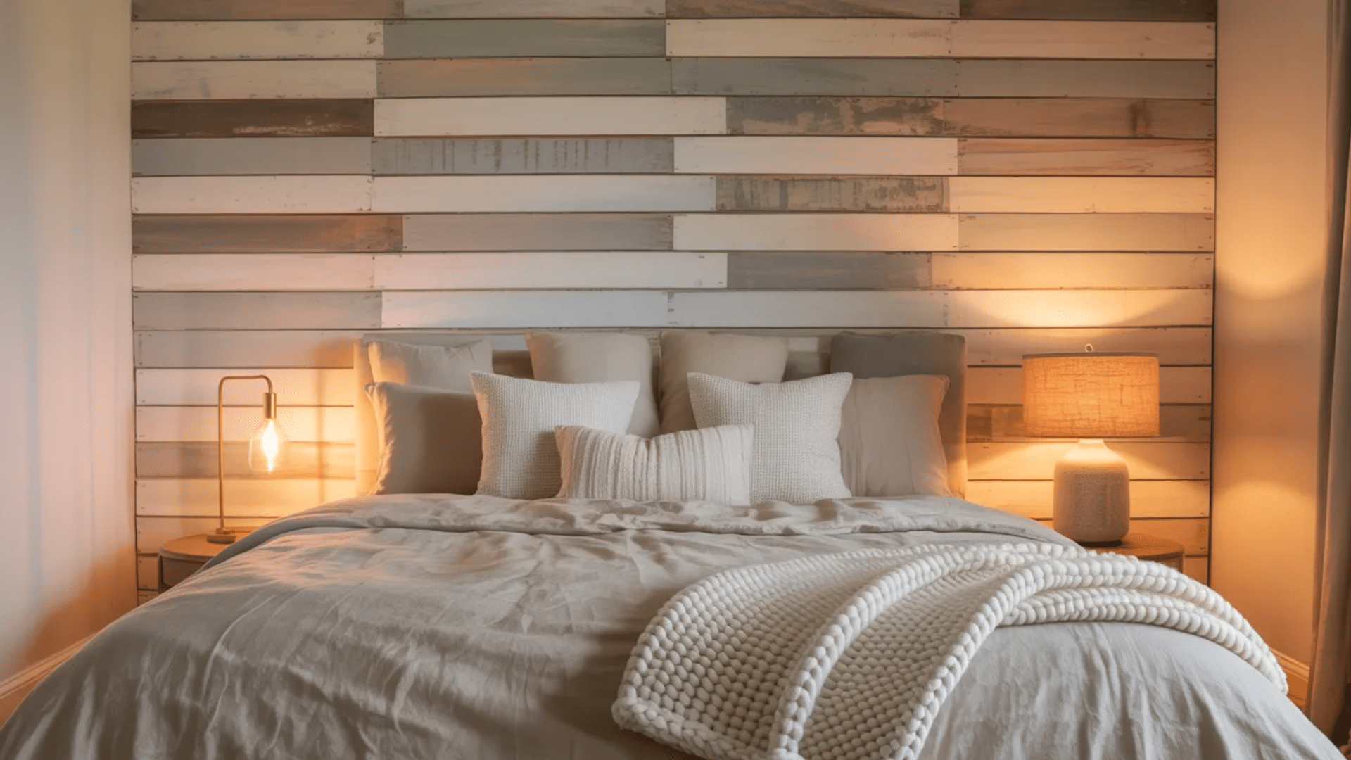 bedroom with wooden plank accent wall large bed layered pillows knit blanket and warm bedside lamps on small nightstands