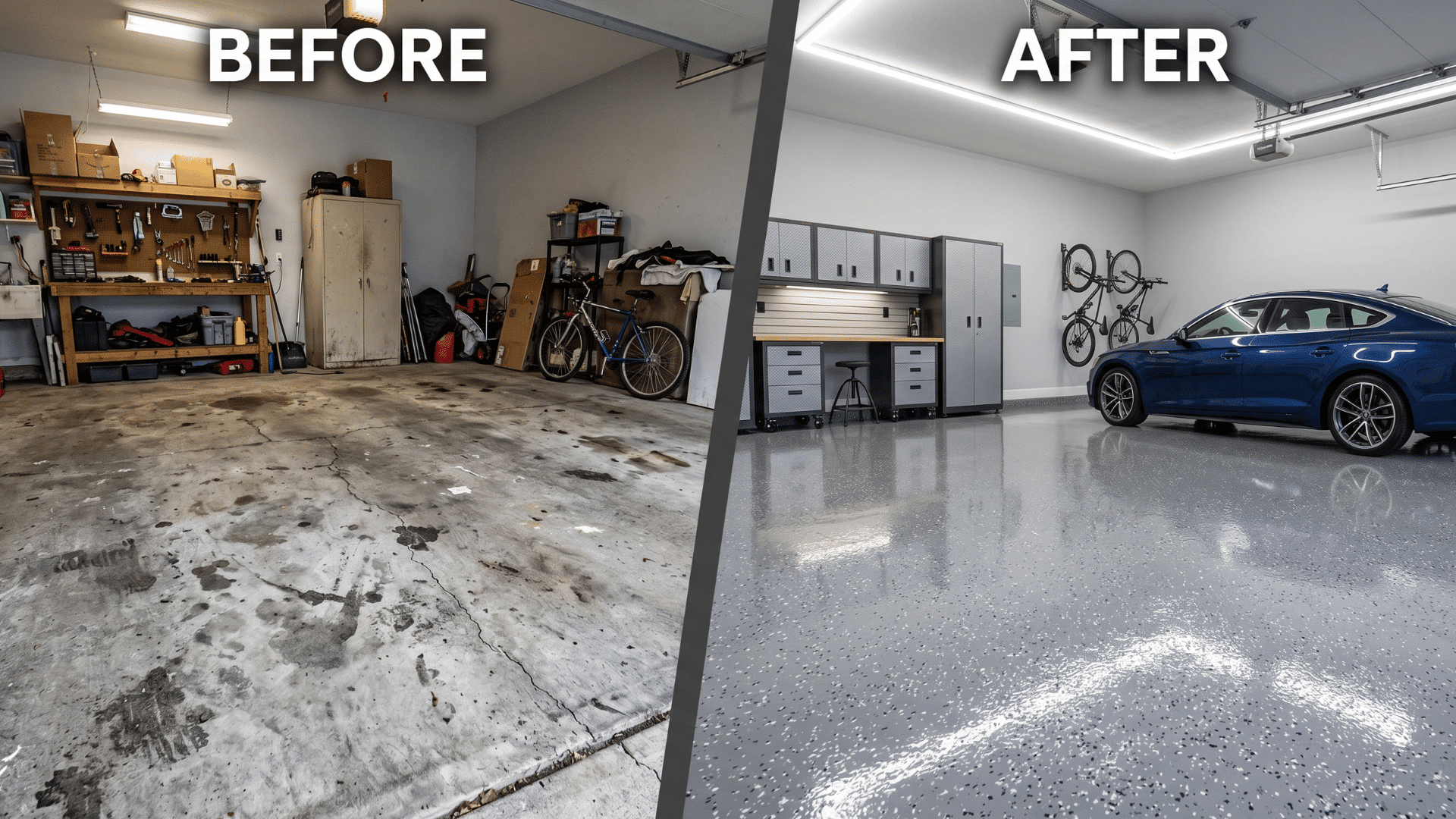 before and after garage floor showing cracked concrete vs smooth coated glossy surface