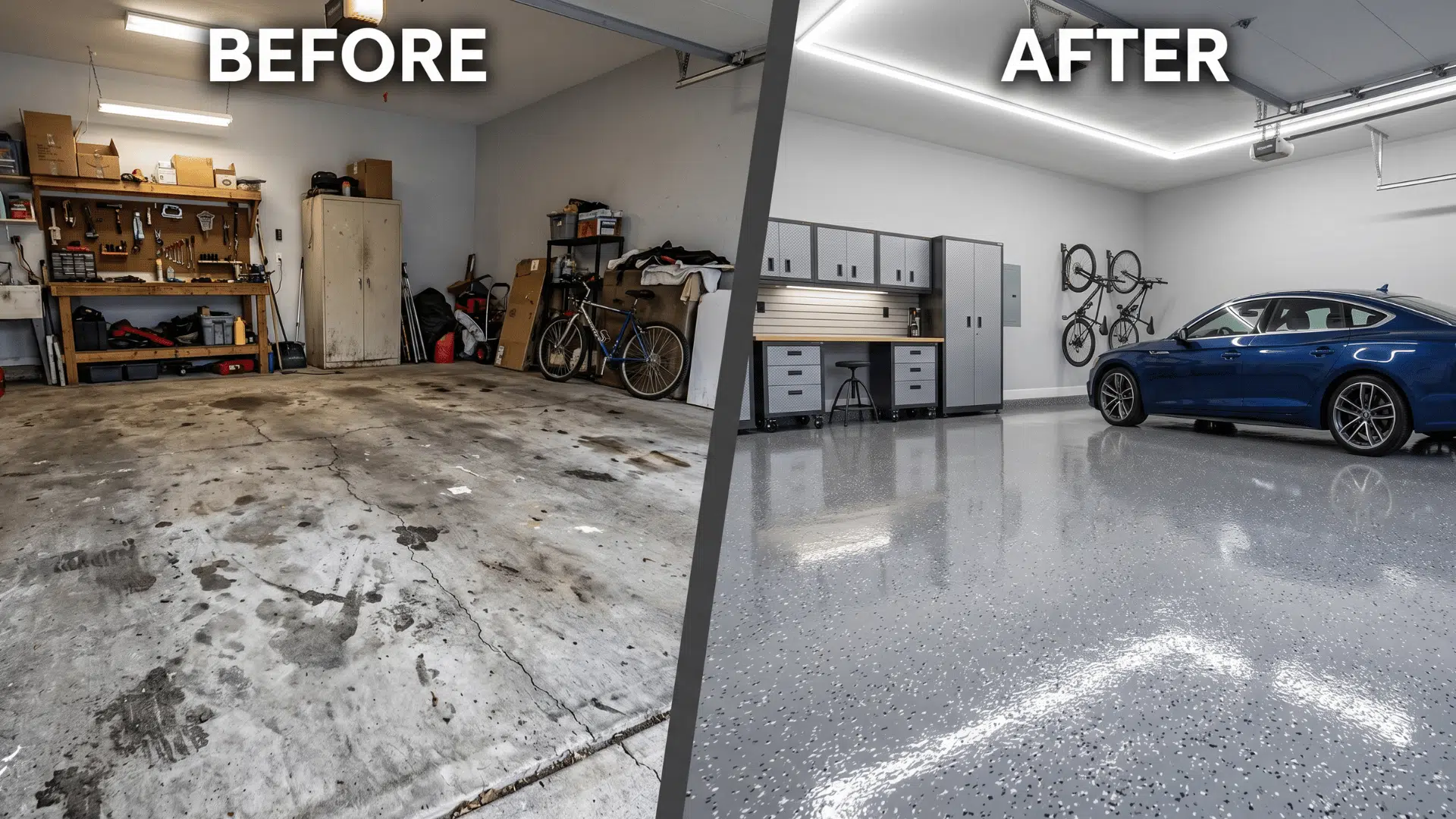 before and after garage floor showing cracked concrete vs smooth coated glossy surface