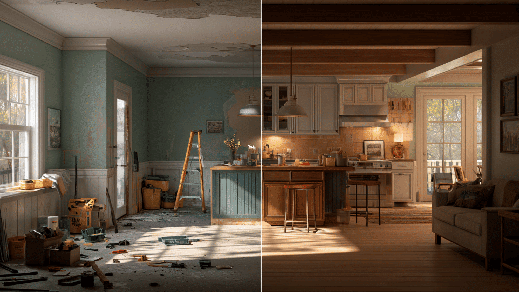 before and after home renovation showing modern design changes tools and improved living space with warm lighting (1)