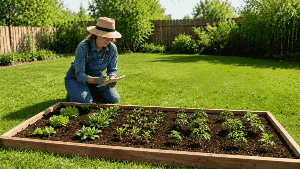 beginner gardener checking seed packet instructions before planting in a raised bed