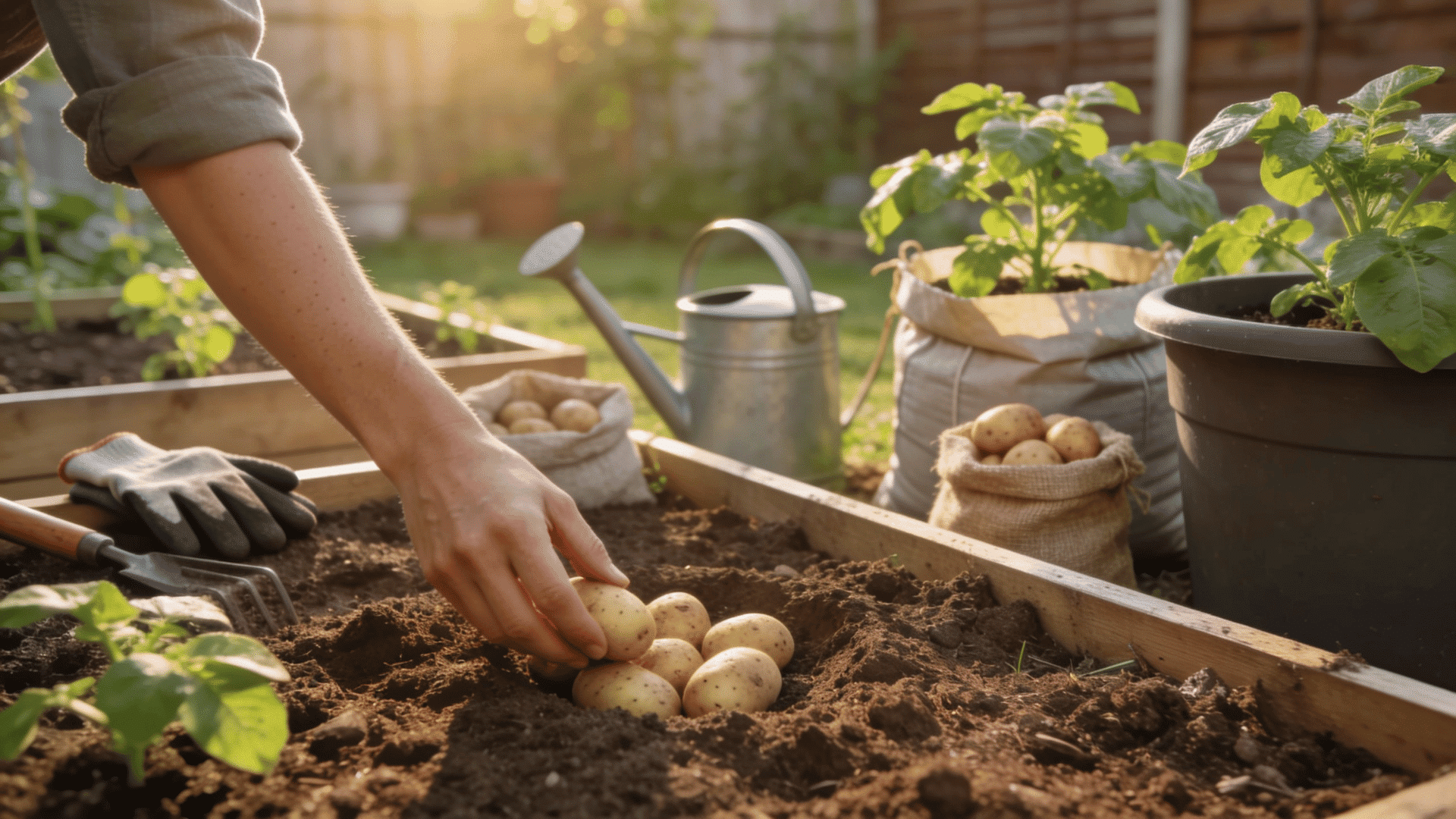 Beginner gardener growing potatoes in containers and garden beds with healthy plants in sunny backyard soil.